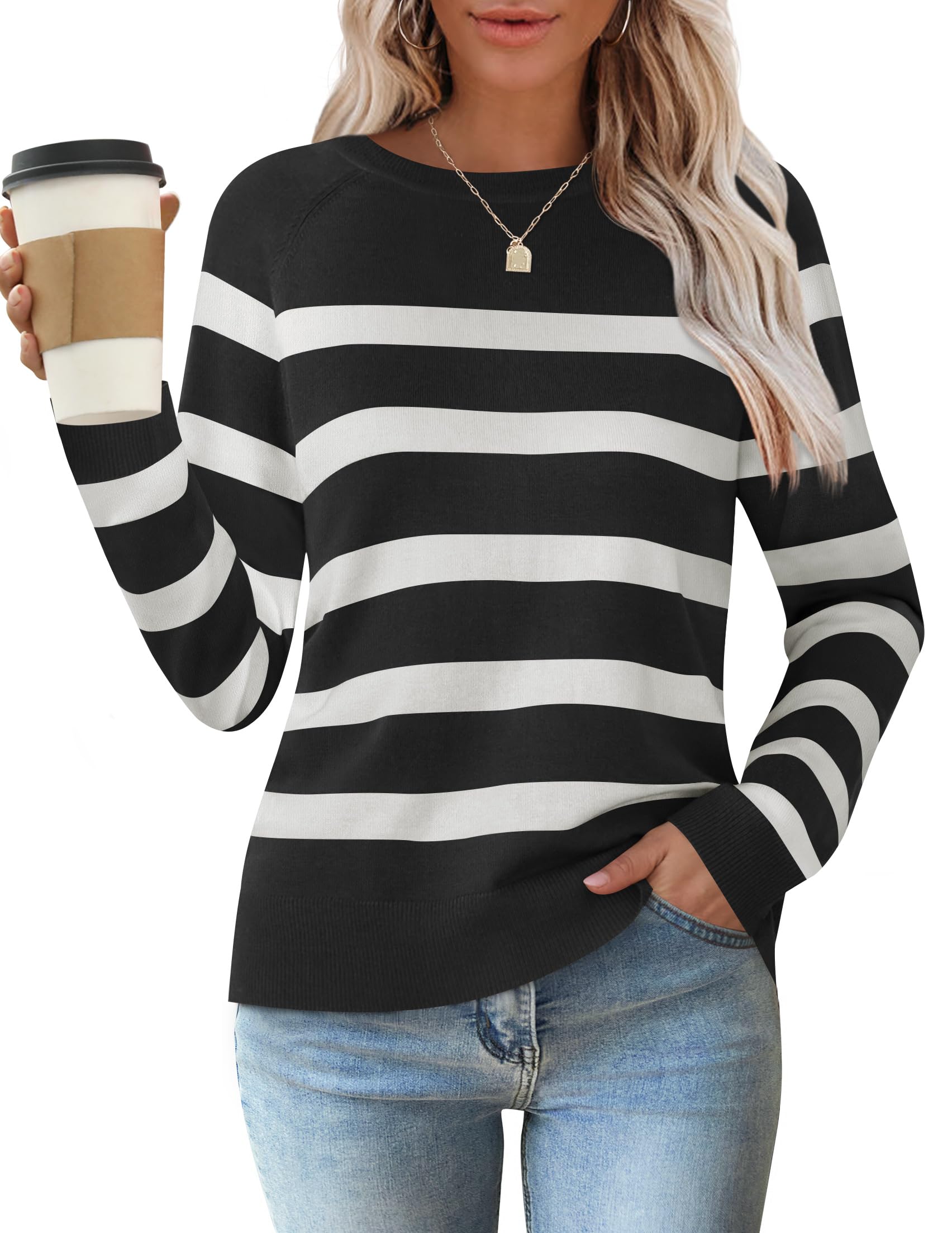 Luxuii Lightweight Striped Crewneck Ribbed Knit Shirts