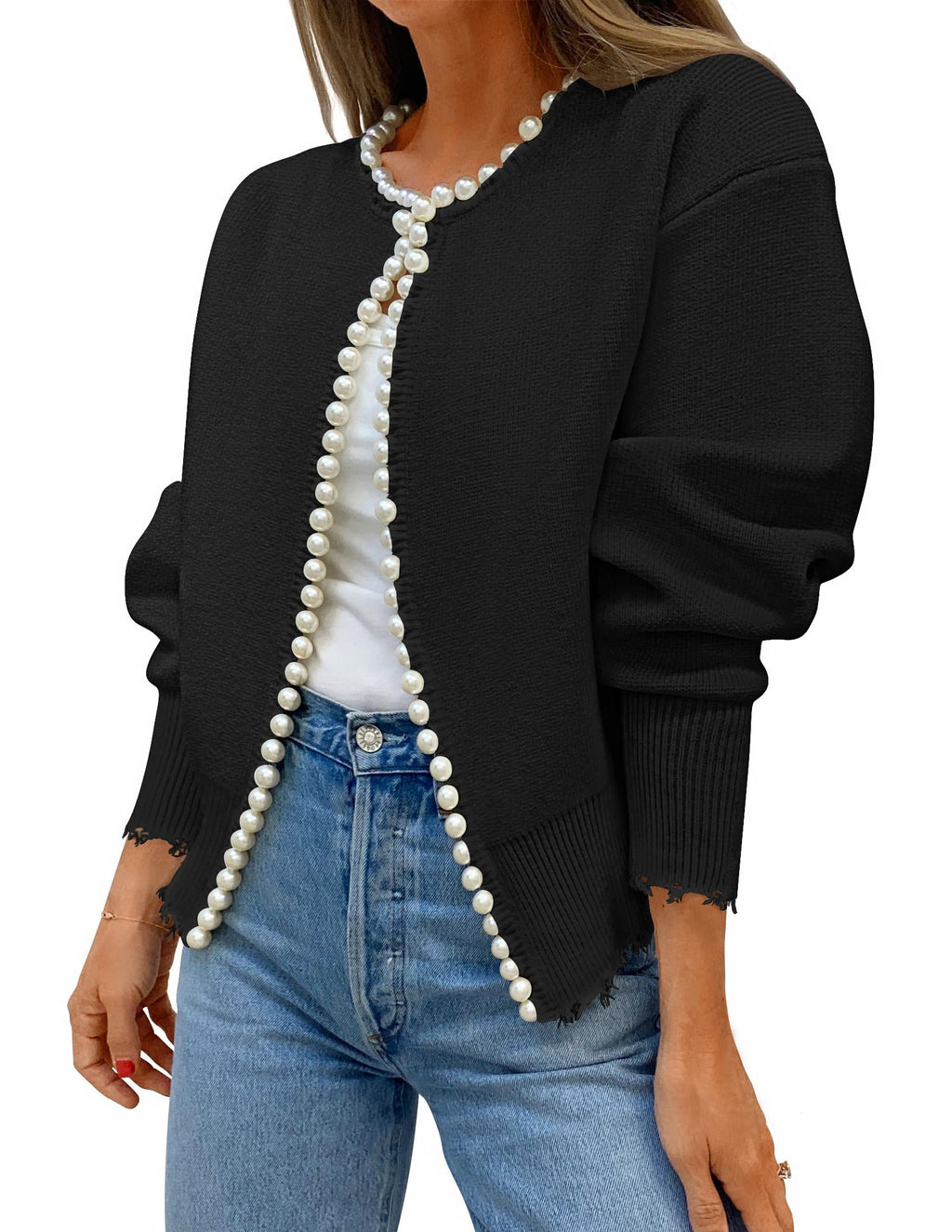 Luxuii Open Front Casual Knitted Long Sleeve Pearls Trim Coat