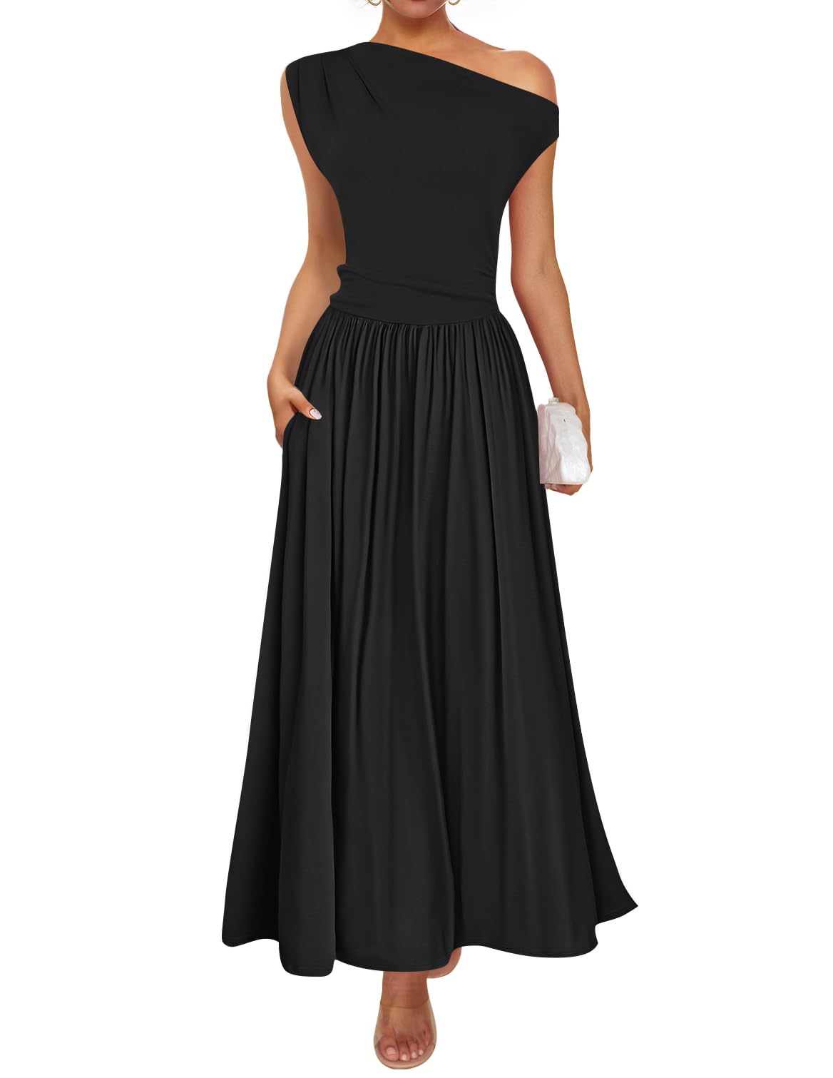 Luxuii Sleeveless One Shoulder Casual Slim Swing Pleated Dresses