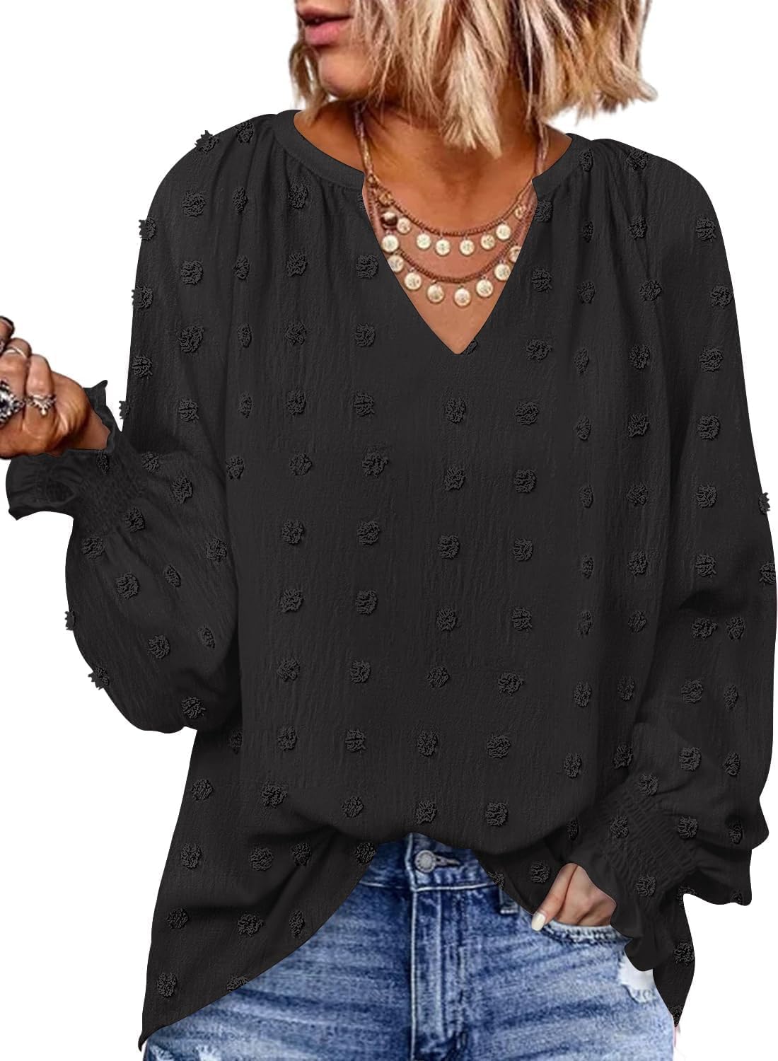 Luxuii Blouses Loose Long Sleeve Business V Neck Trendy Top