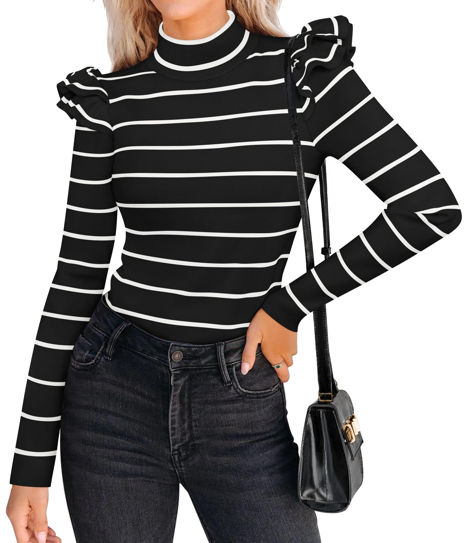 Luxuii Striped Ruffle Turtleneck Ribbed Knit Pullover Tops