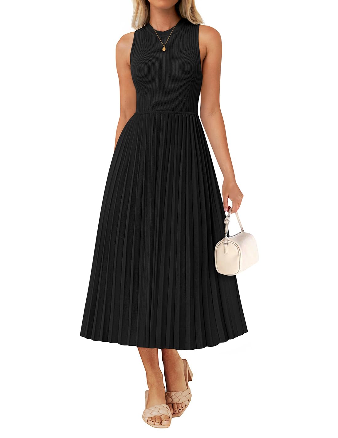 Luxuii Casual Crewneck Ribbed Knit Pleated A Line Swing Dress