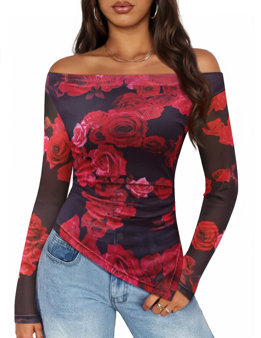 Luxuii Double Lined Sexy Long Sleeve Going Out Tops Floral Mesh Shirts