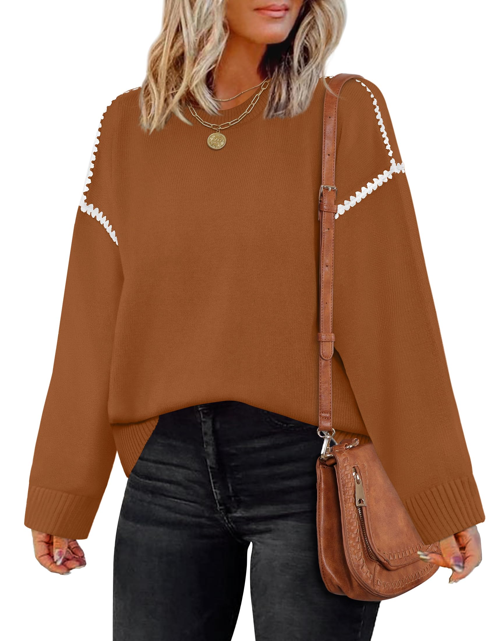 Luxuii Sweaters Crew Neck Loose Fit Ribbed Knit Color Block Soft Pullover Top