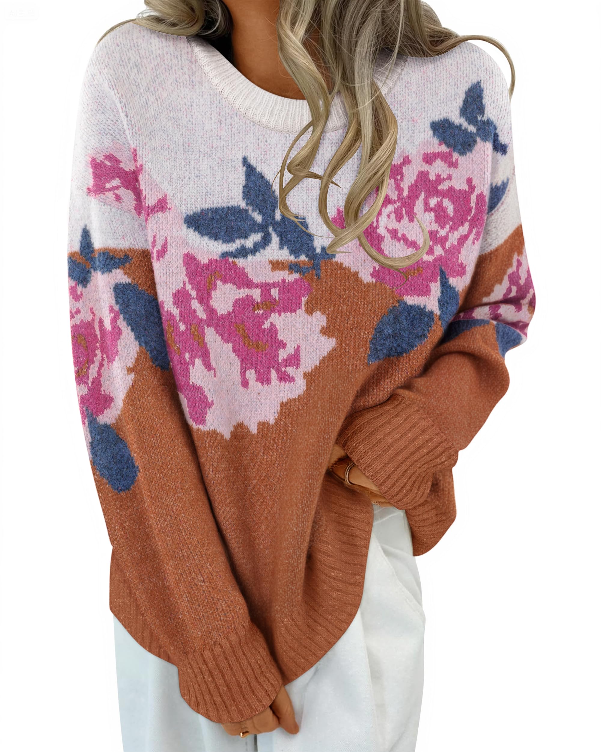Luxuii Floral Oversized Crewneck Chunky Knit Pullover Sweater Tops