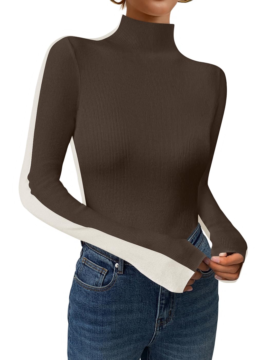 Luxuii Color Block Ribbed Knit Shirts Basic Slim Fit Pullover Tops