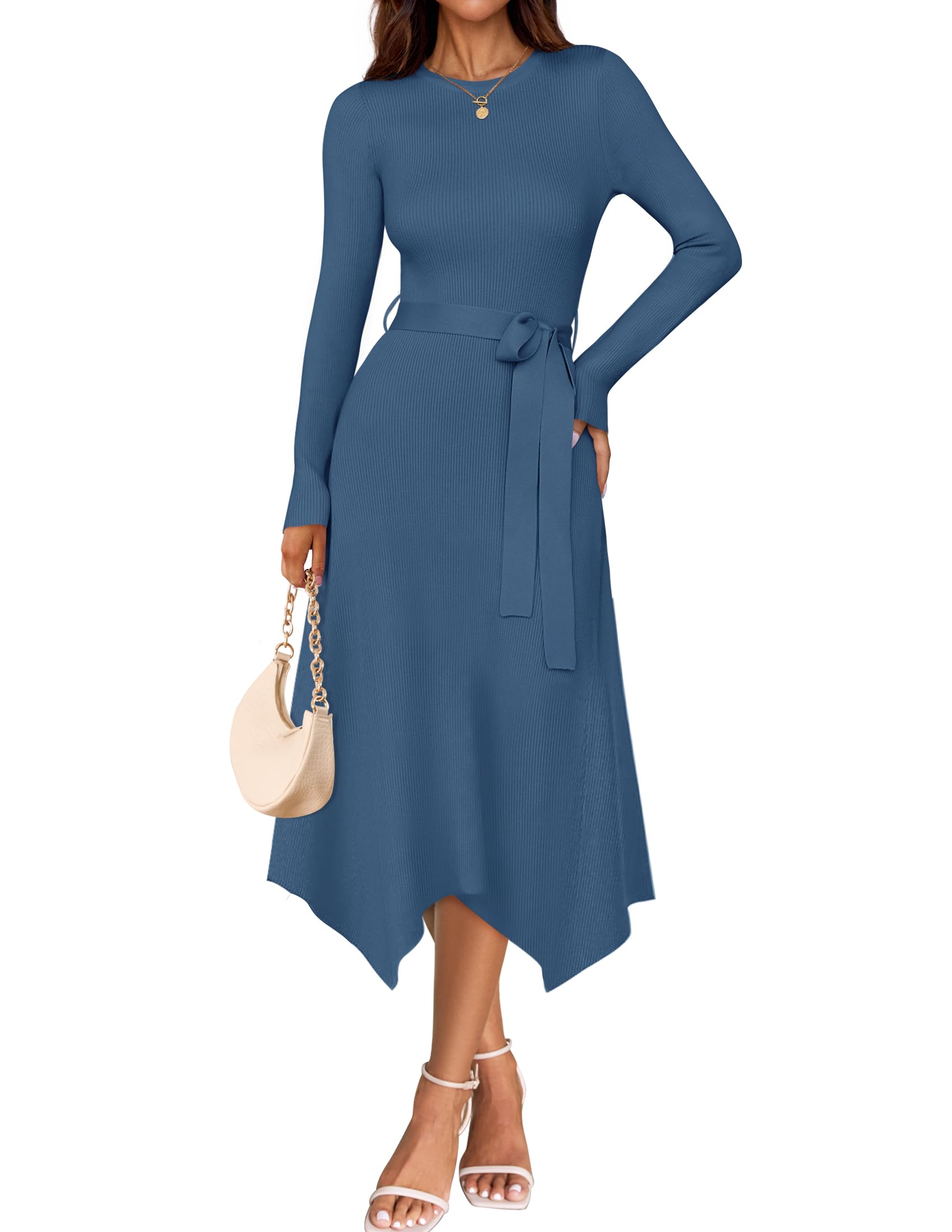 Luxuii Crewneck Ribbed Knit High Waist Midi Sweater Dresses