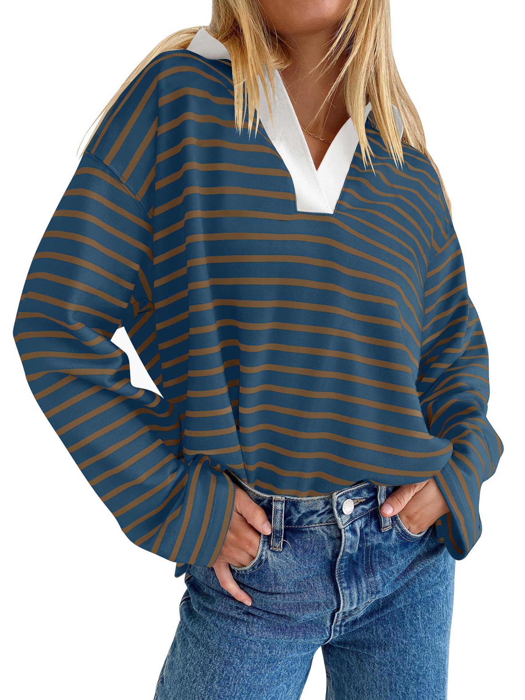 Luxuii Striped V Neck Oversized Sweatshirt Loose Fit Tunic Tops