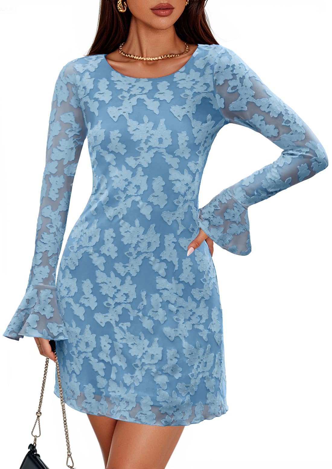 Luxuii Floral Mesh Crewneck Bodycon Cocktail Party Club Short Dress