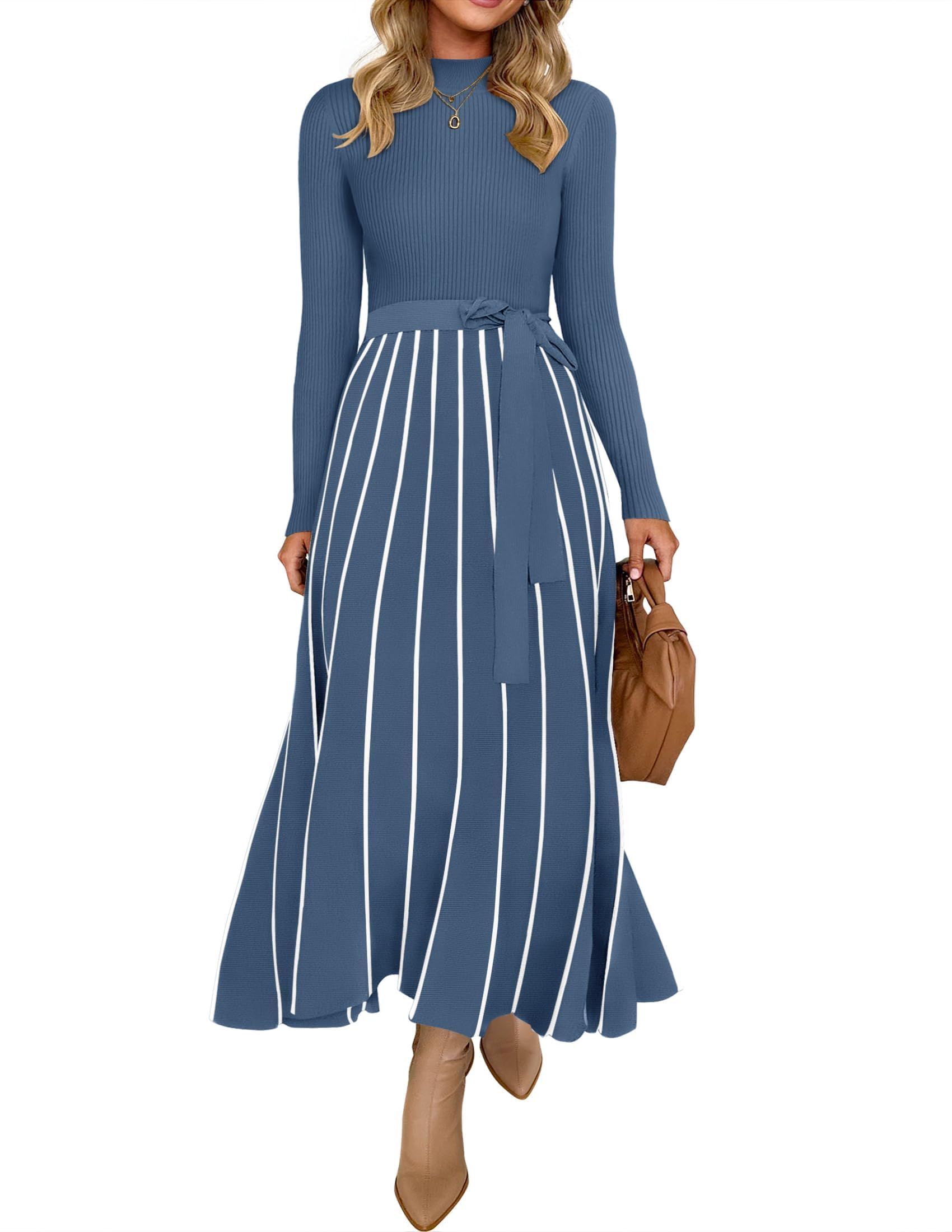 Luxuii Turtleneck Tie Waist Ribbed Knit A Line Midi Dresses