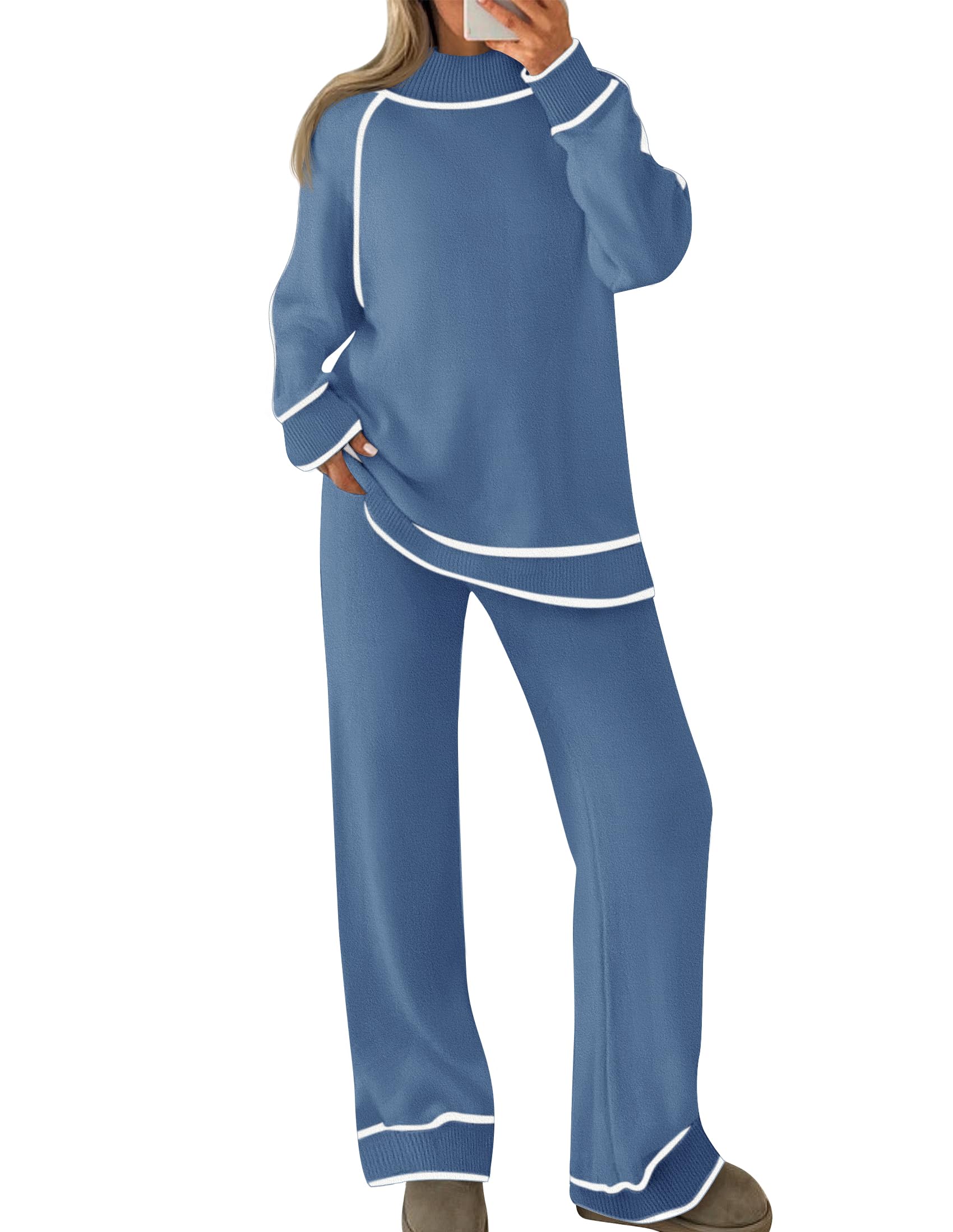 Luxuii Turtleneck Pullover Tops Wide Leg Pants Lounge Sets