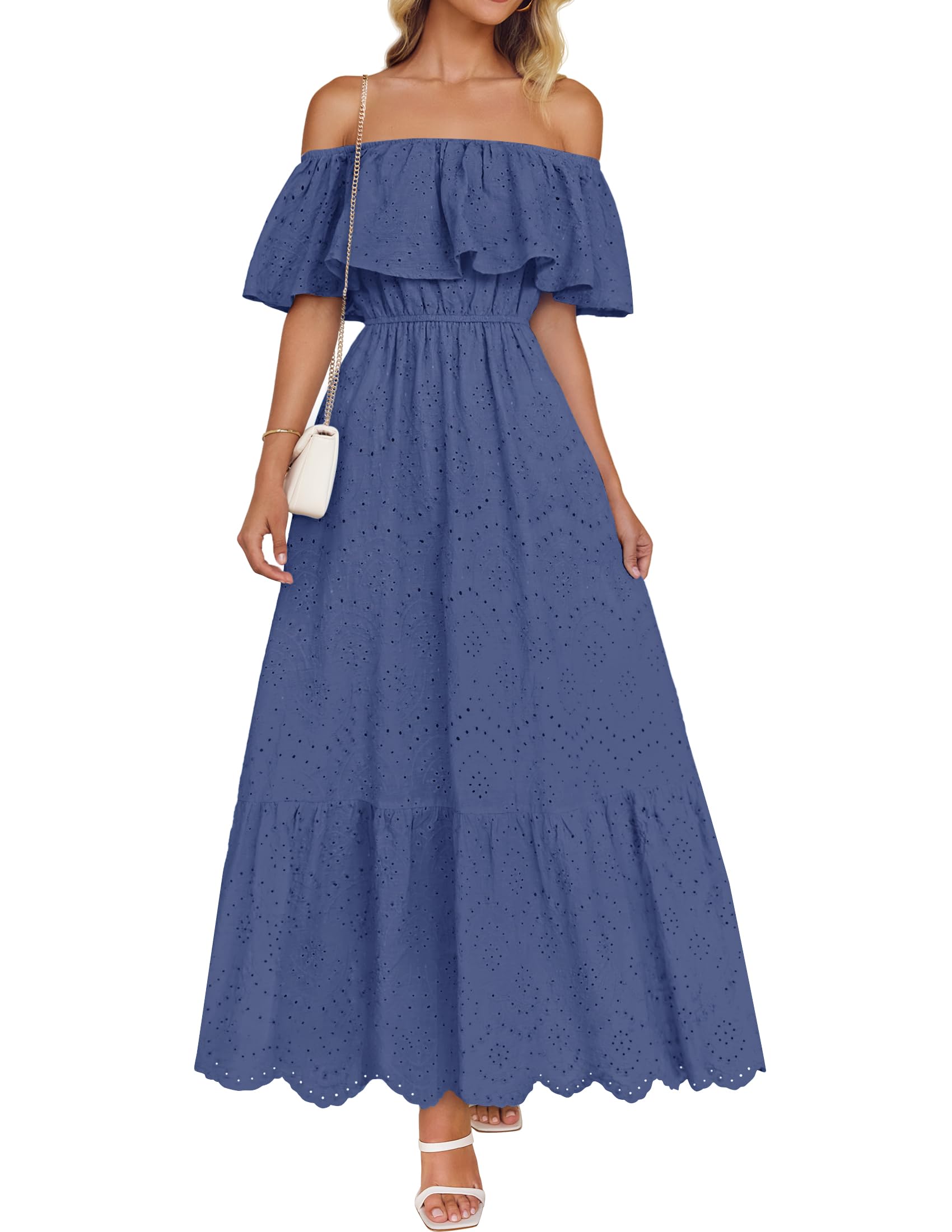 Luxuii Off Shoulder Ruffle Short Sleeve High Waist Hollow Dresses