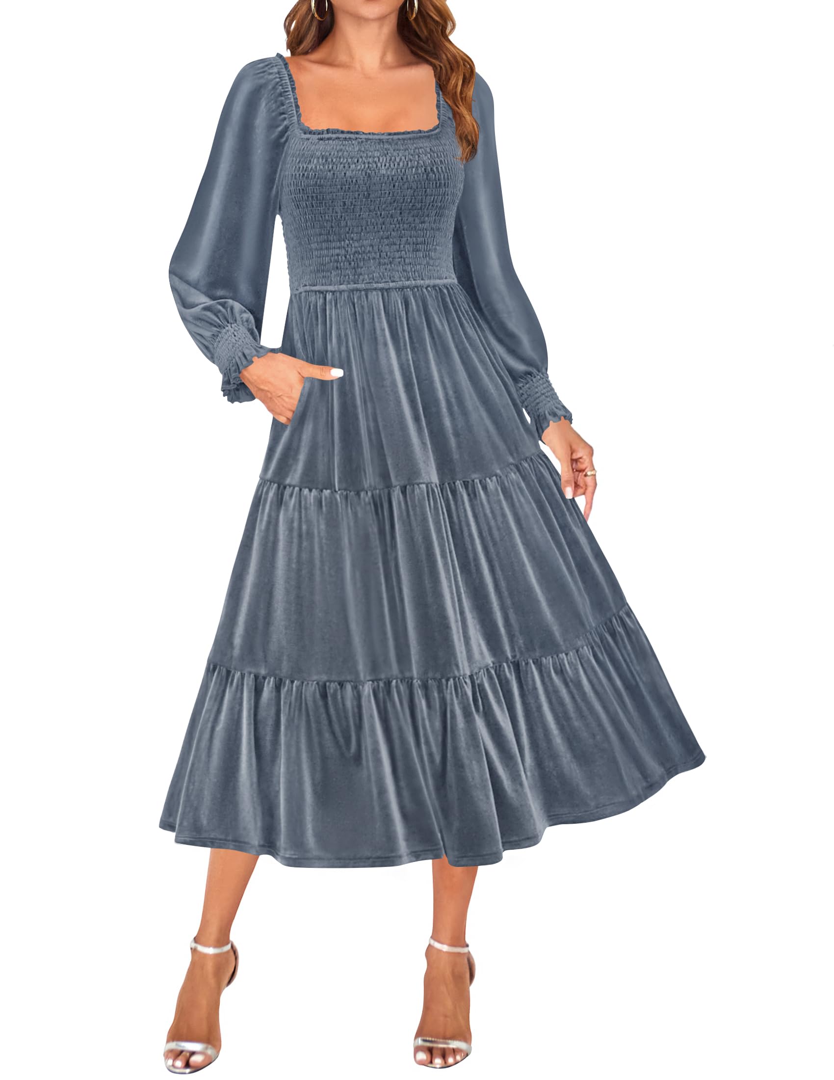 Luxuii Velvet L Neck Smocked Ruffle A Line Flowy Midi Dress