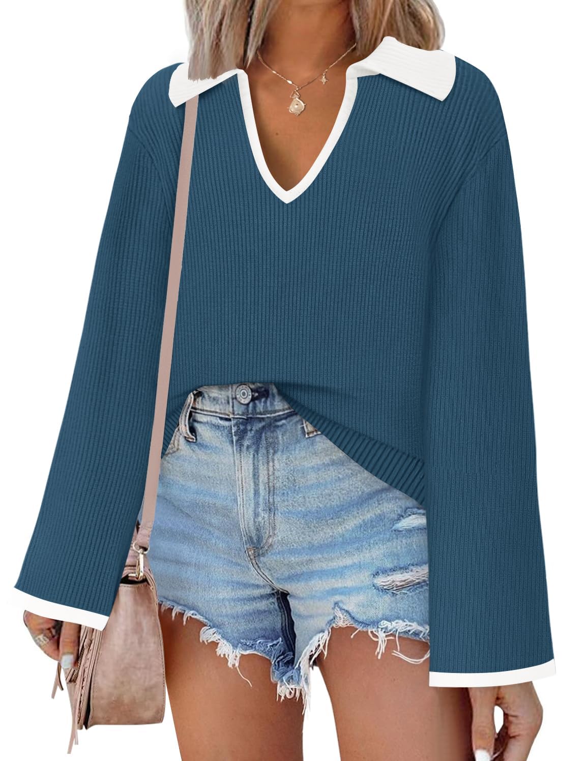 Luxuii V Neck Sweater Oversized Collared Knit Pullover Jumper Top
