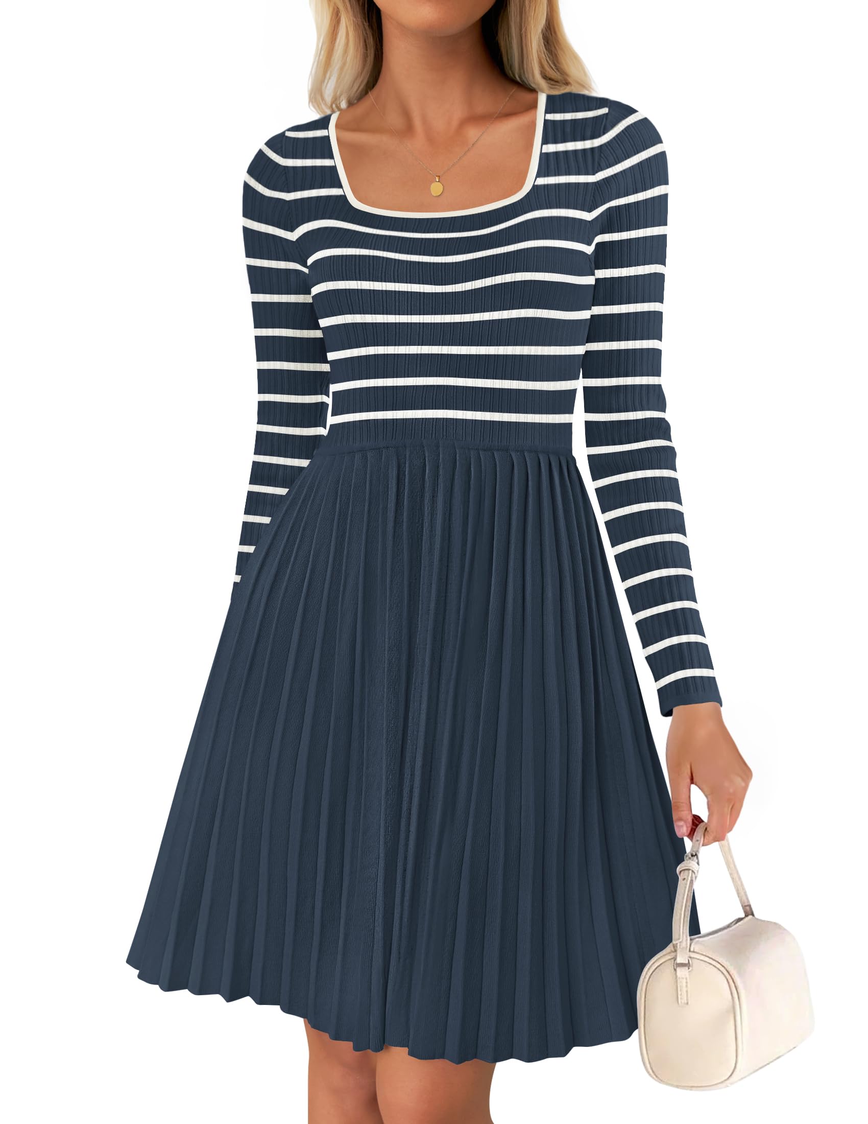 Luxuii Striped Square Neck Pleated Ribbed Knit Mini Dress