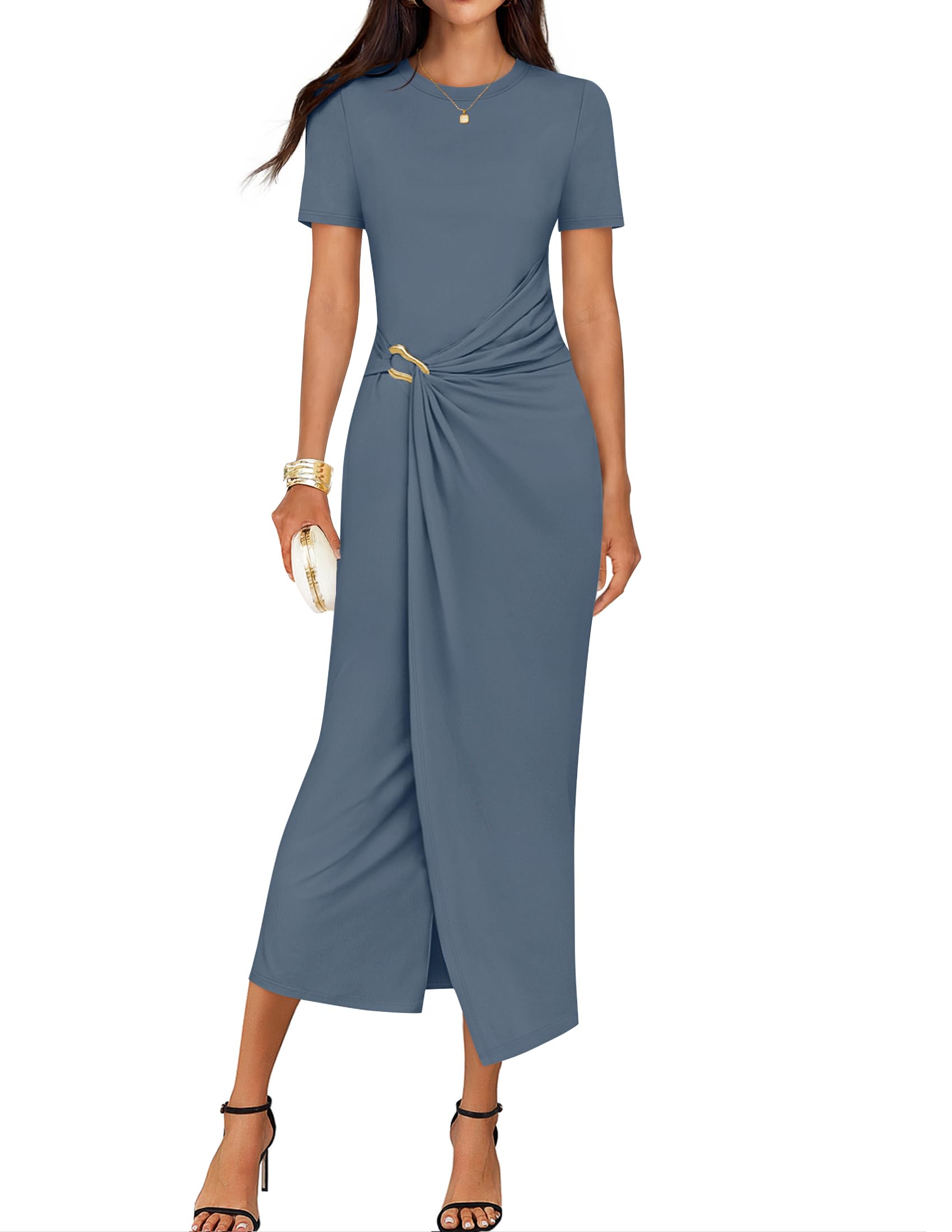 Luxuii Bodycon Crewneck Ruched Wedding Guest Cocktail Party Long Dresses