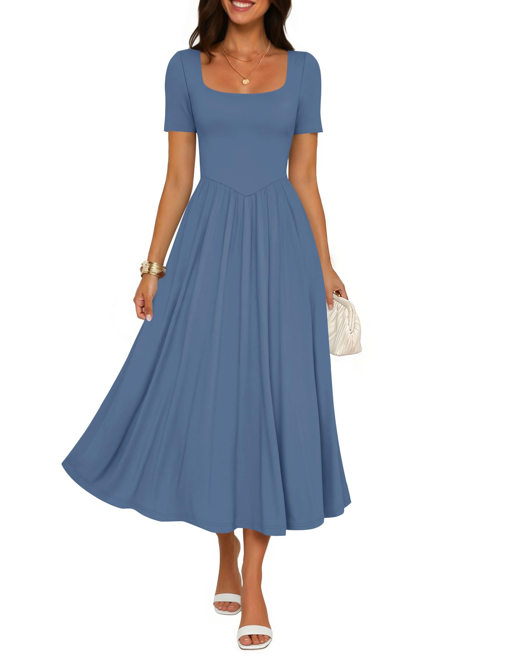 Luxuii Guest Elegant Classy Square Neck Short Sleeve Cocktail Party Midi Dress