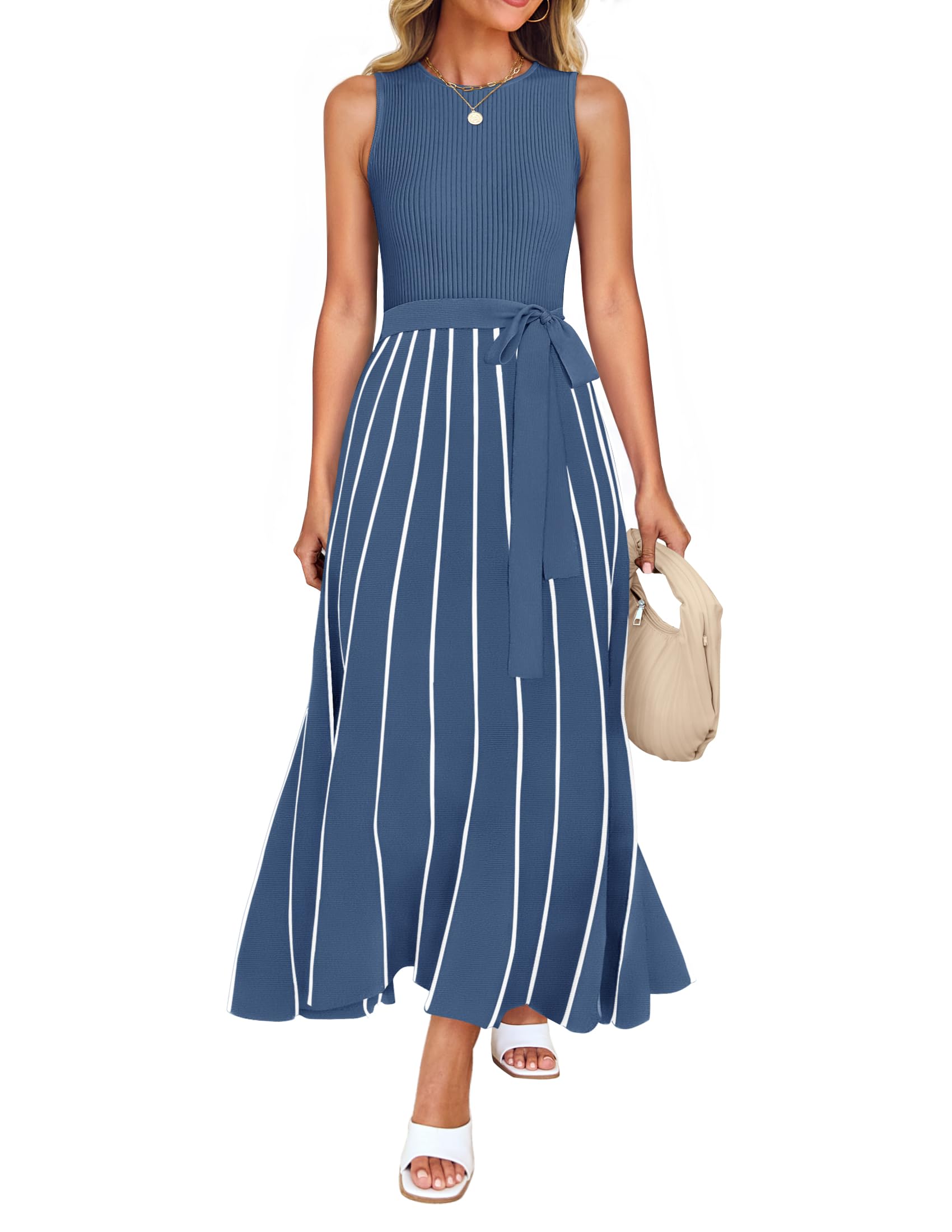 Luxuii Crewneck Ribbed Knit Tie Waist A Line Swing Dresses