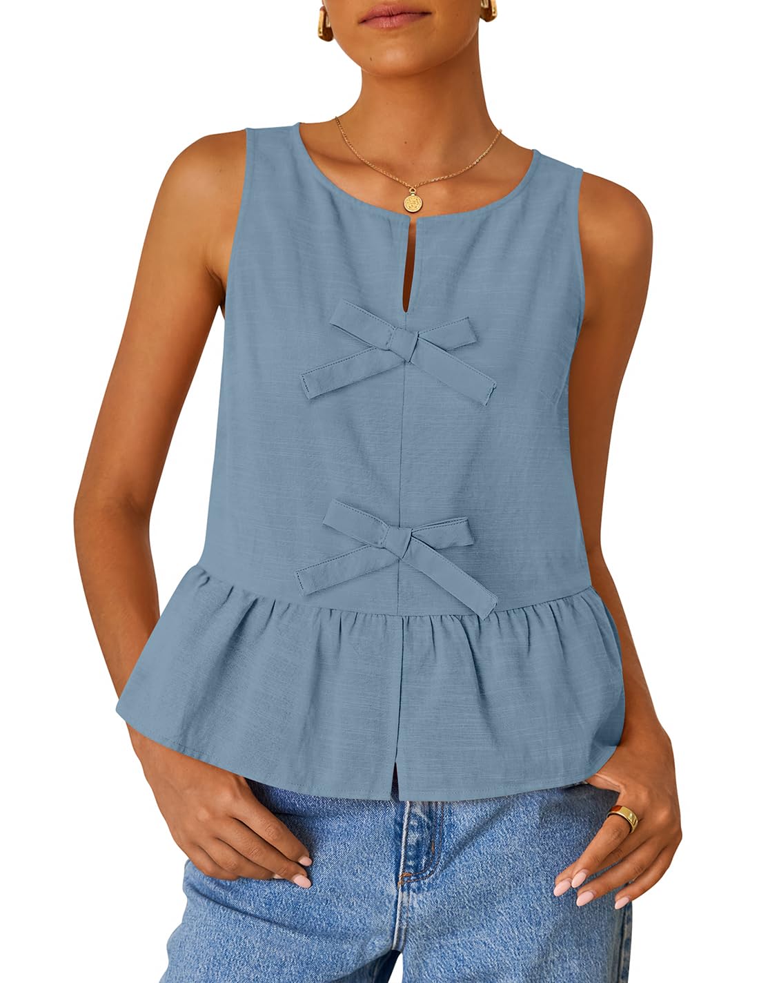 Luxuii Tank Tops Tie Front Ruffle Peplum Babydoll Blouses