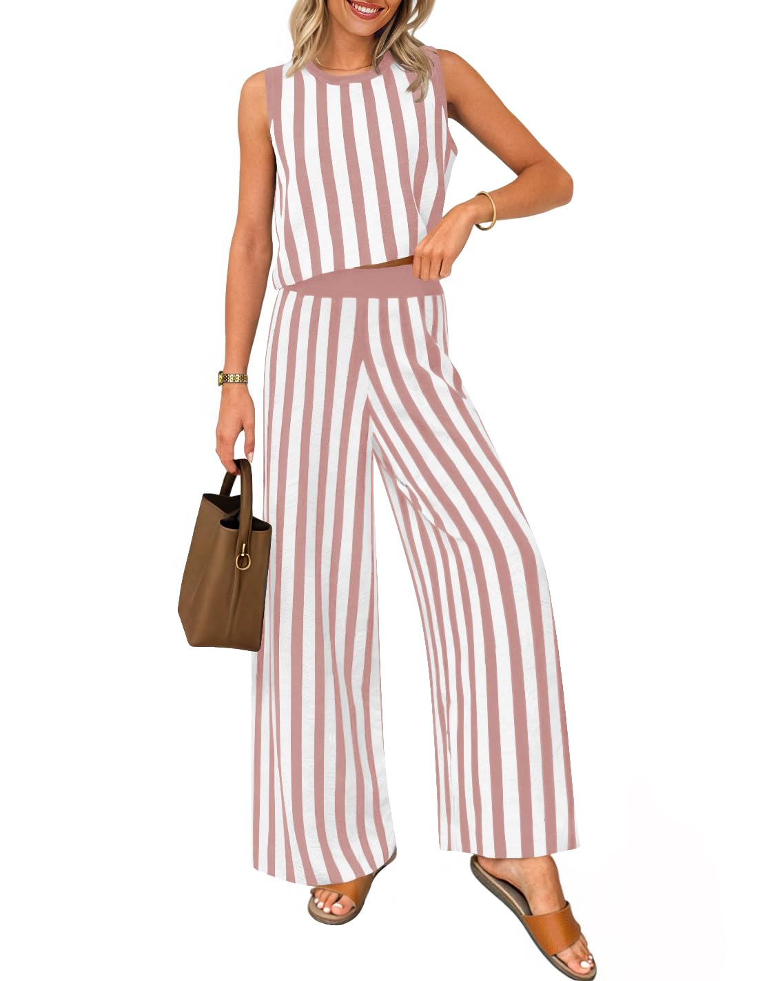 Luxuii Two Piece Outfits Crop Tank Tops and Wide Leg Pants Striped Sets