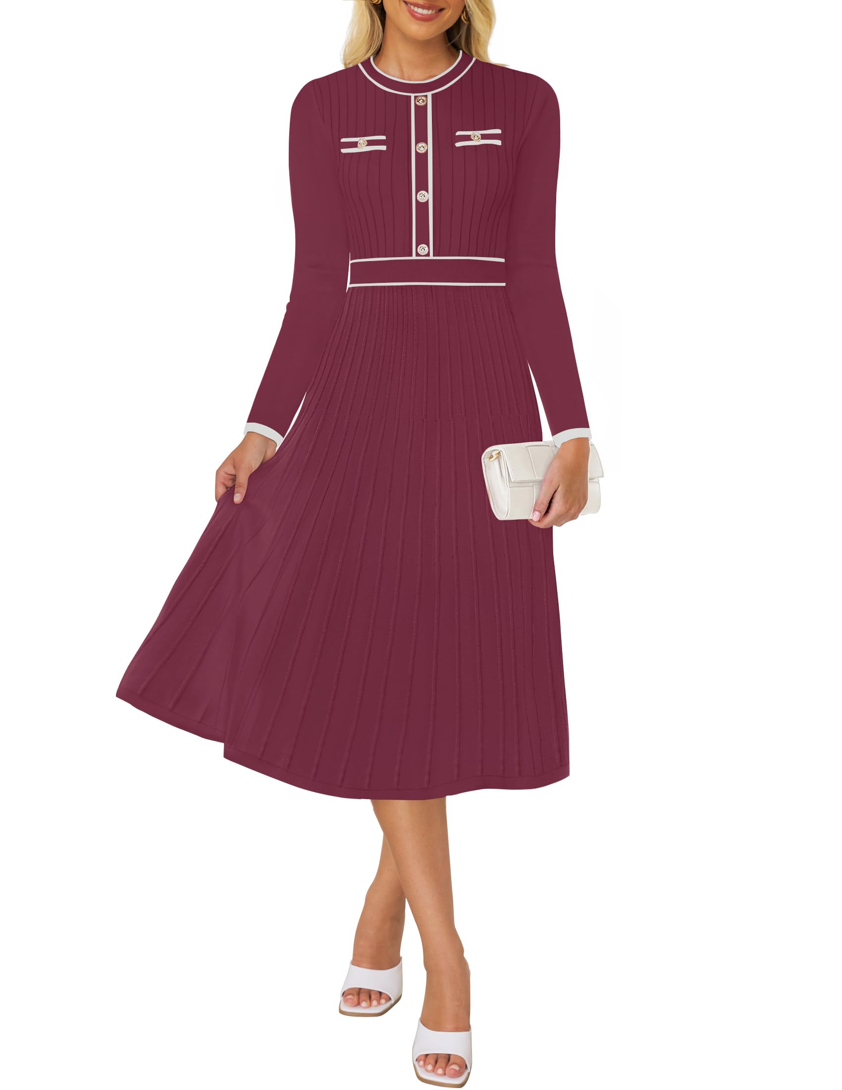Luxuii Pleated Sweater Crewneck Ribbed Knitted Midi Dresses
