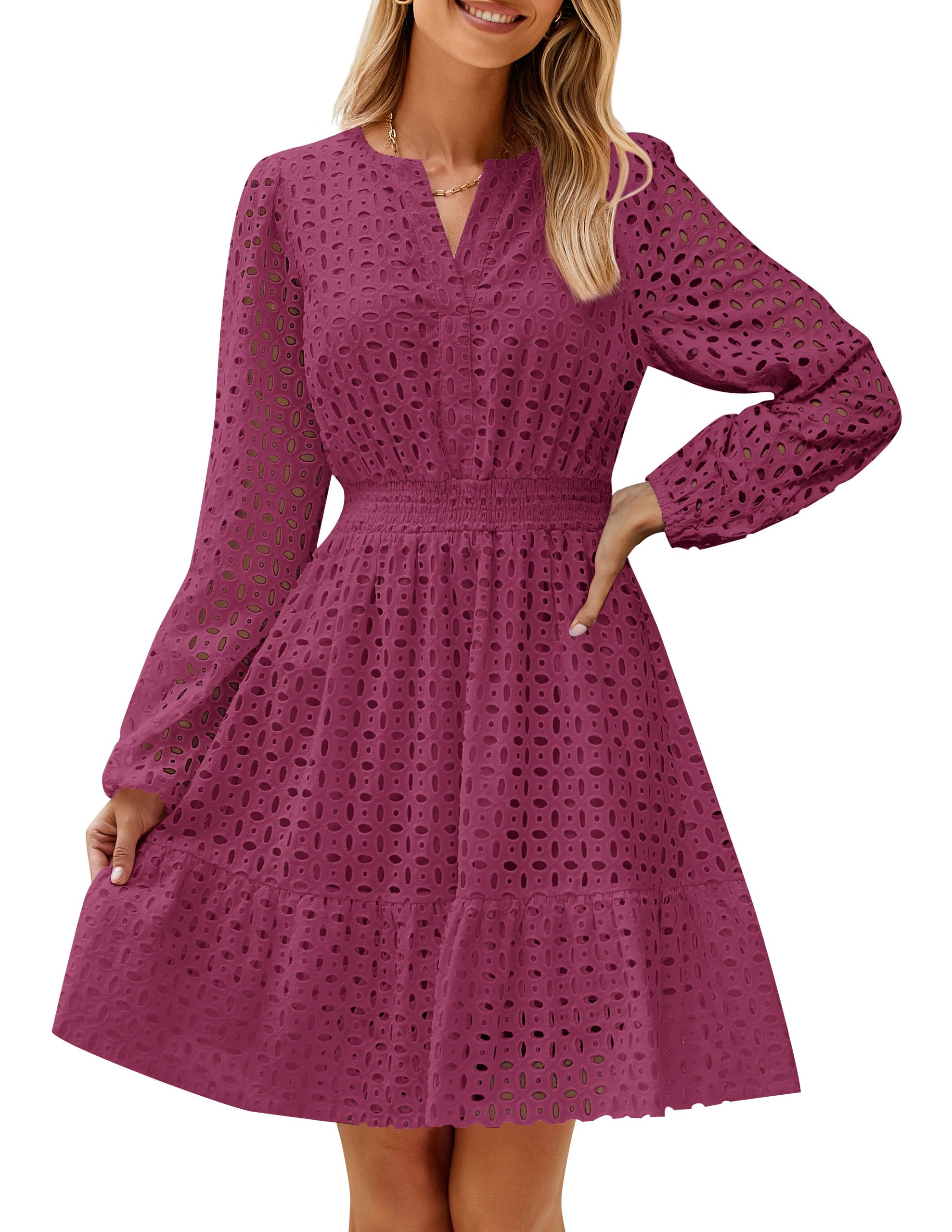 Luxuii V Neck Hollow Out Eyelet Embroidery Ruffle Short Dresses