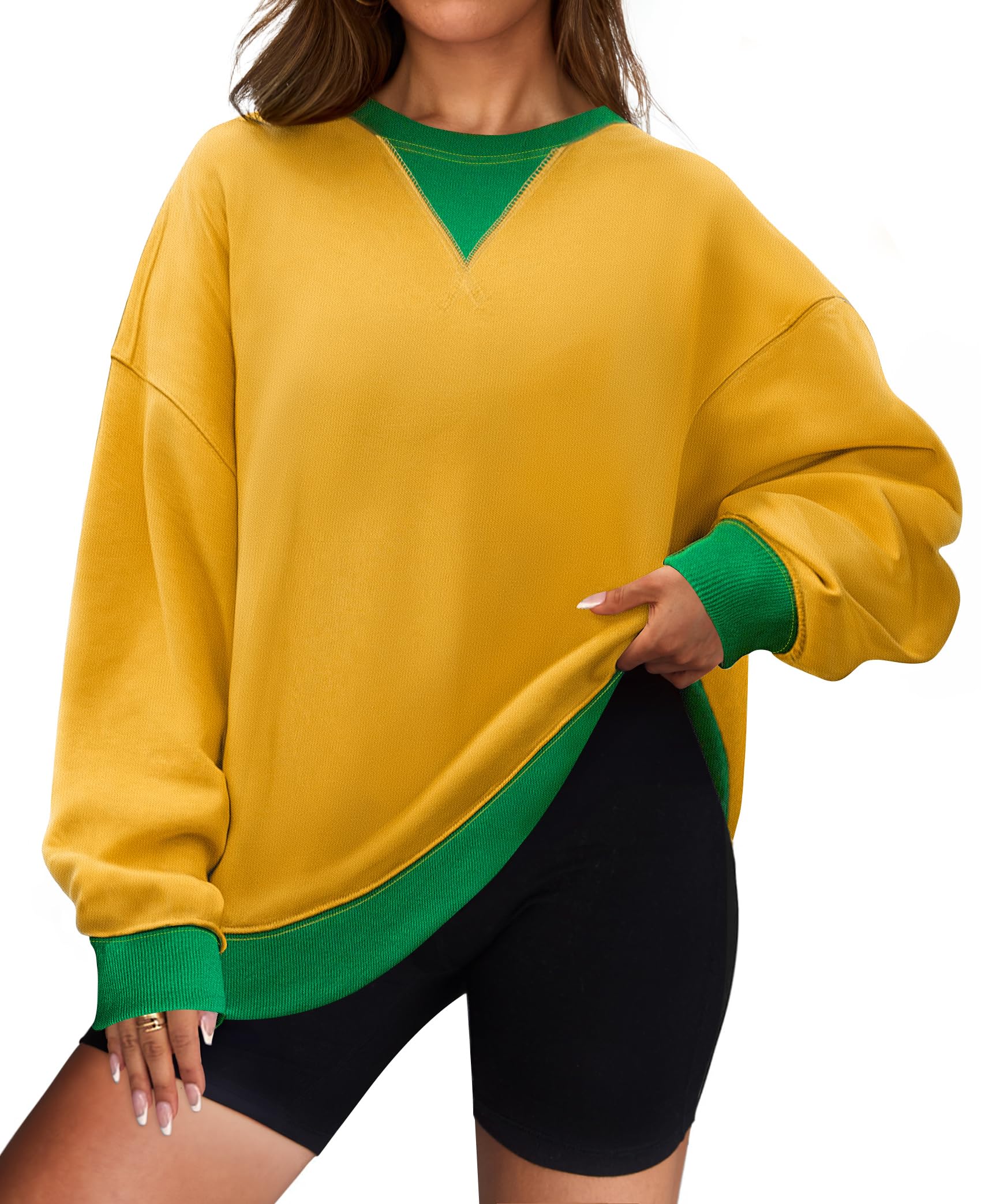 Luxuii Womens Crewneck Color Block Oversized Long Sleeve Pullover Tops Fall Clothes
