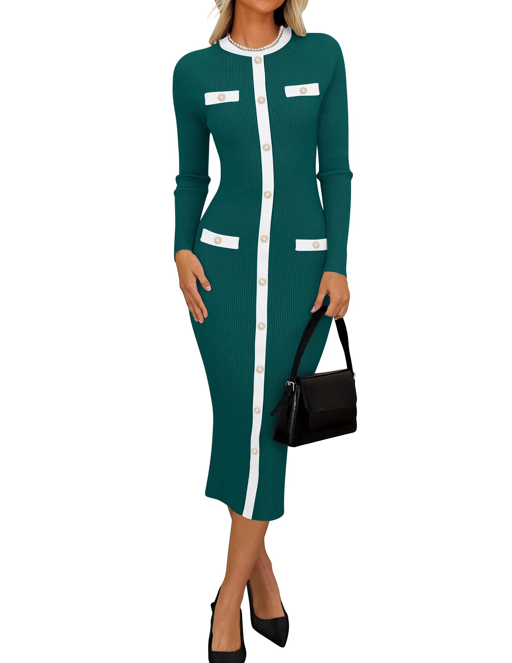 Luxuii Ribbed Crewneck Button Color Block Knit Midi Dresses