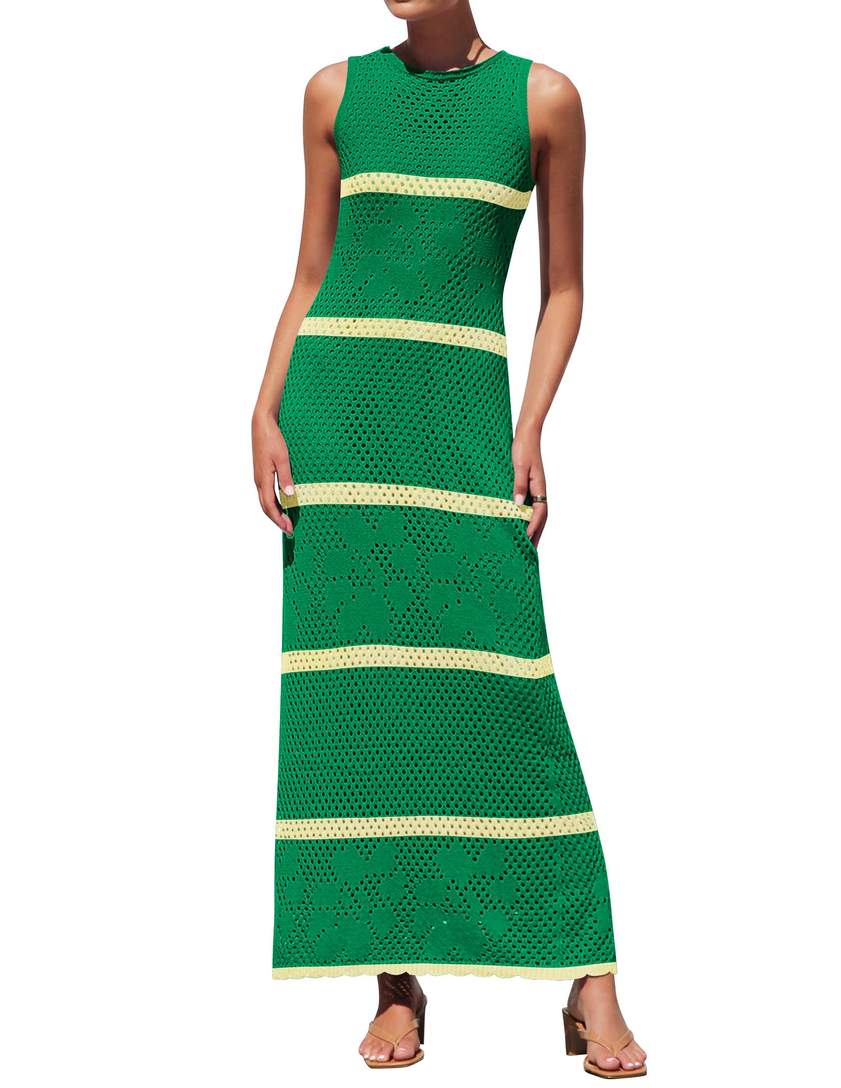 Luxuii Crochet Hollow Out Sleeveless Striped Coverup Sundress