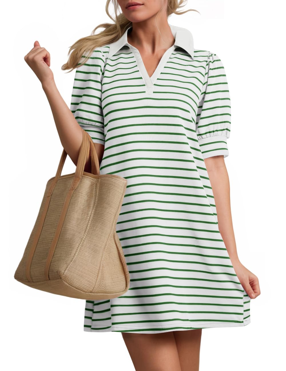 Luxuii Striped Lapel V Neck Short Sleeve Flowy A Line T Shirt Dress