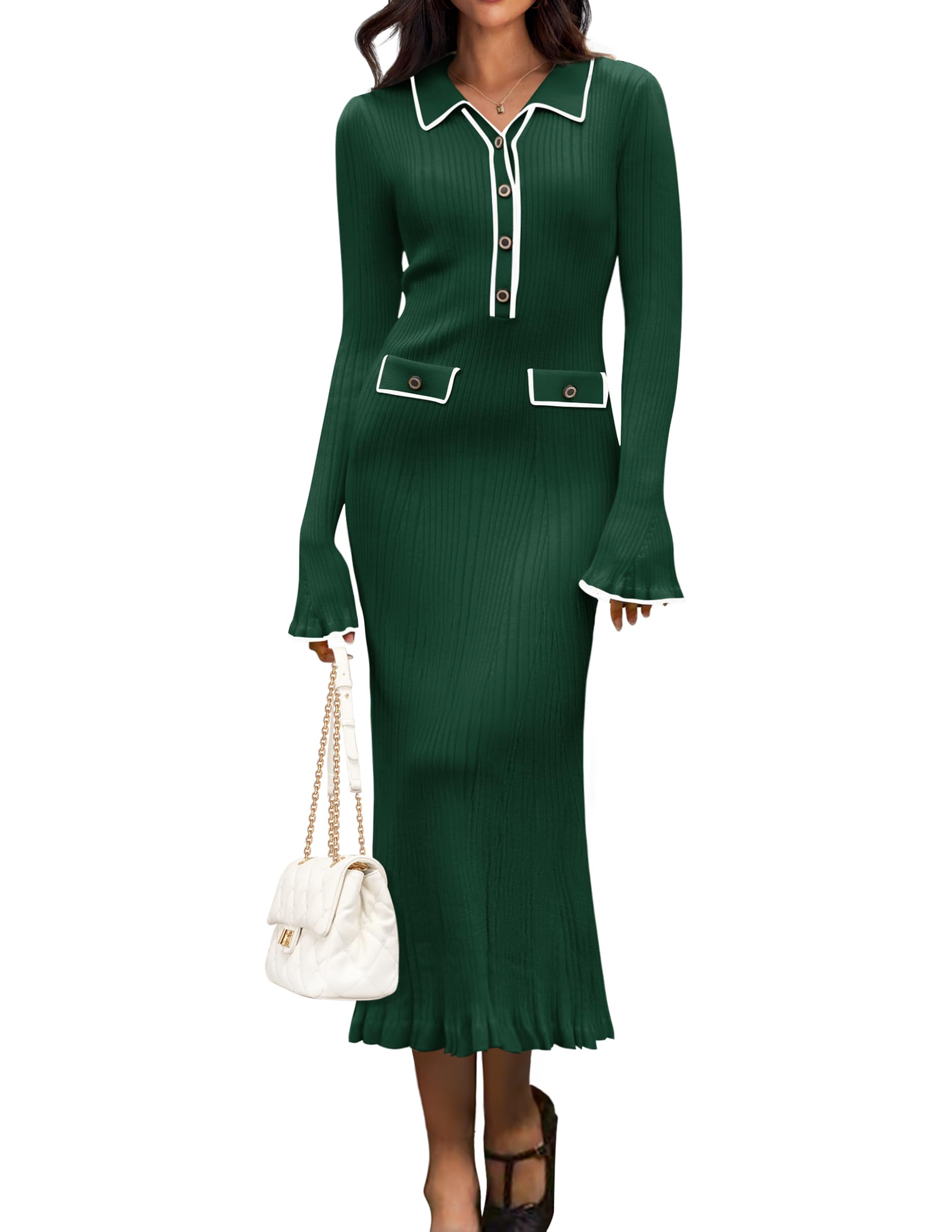 Luxuii Ribbed Button V Neck Elegant Trendy Ruffle Midi Dresses