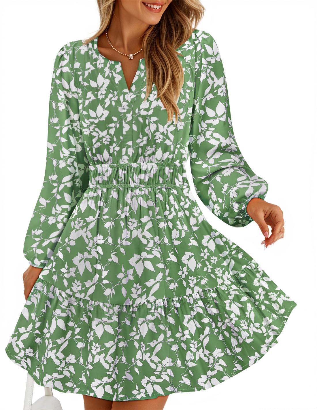 Luxuii Floral V Neck Smocked A Line Flowy Boho Mini Dresses