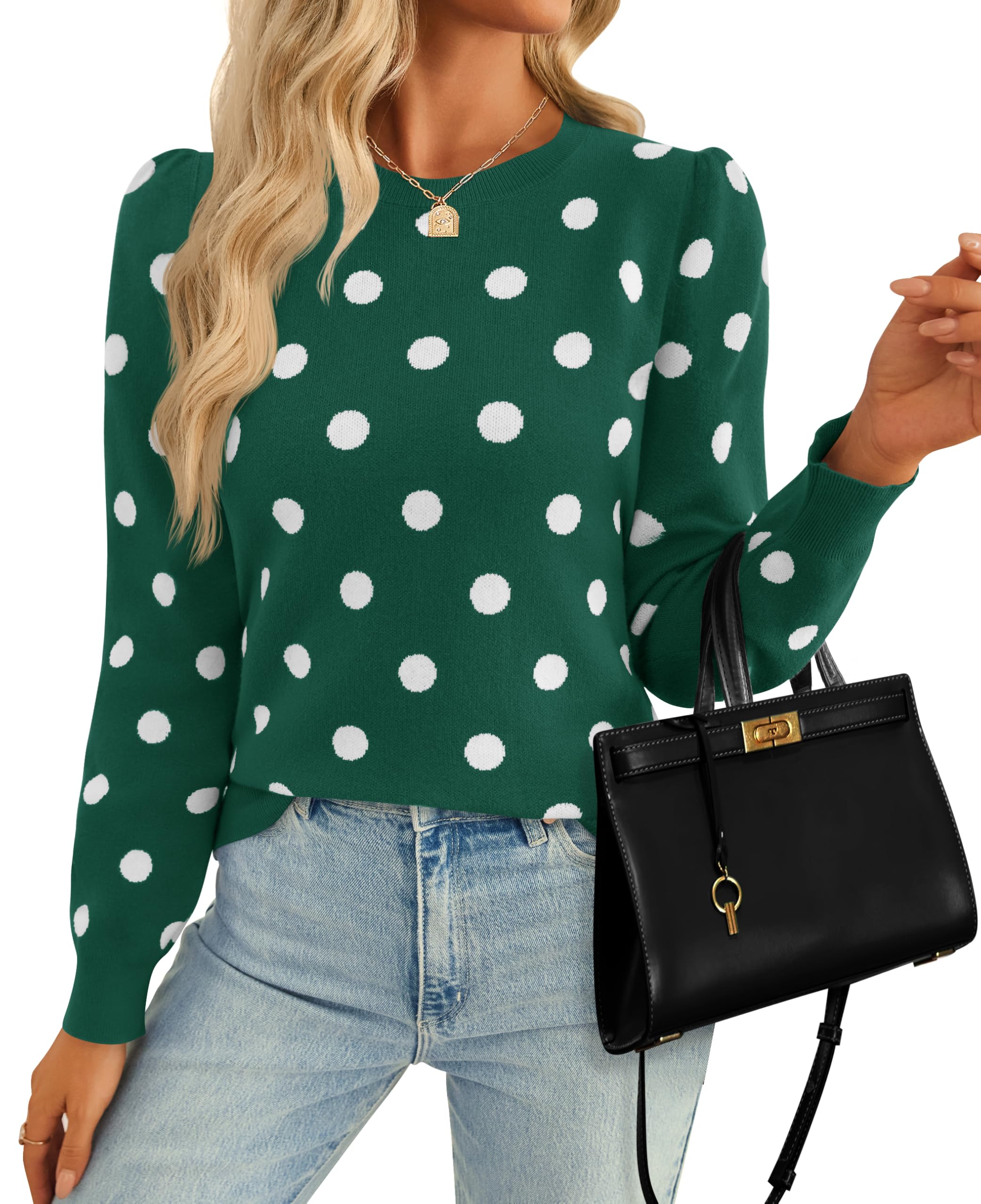 Luxuii Crewneck Polka Dots Ribbed Knit Soft Pullover Sweater