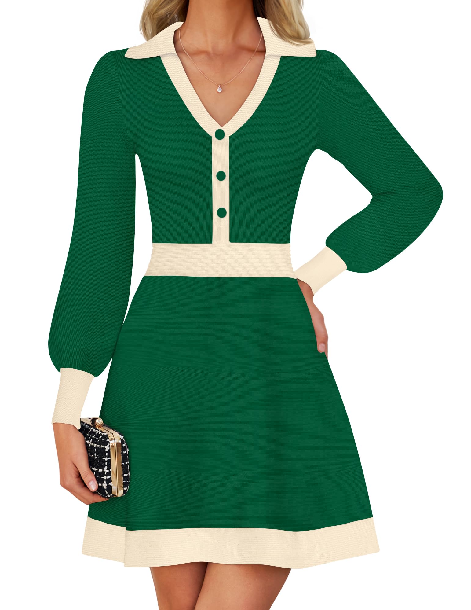 Luxuii V Neck Sweater Dress Collar Ribbed Knit Mini Dresses