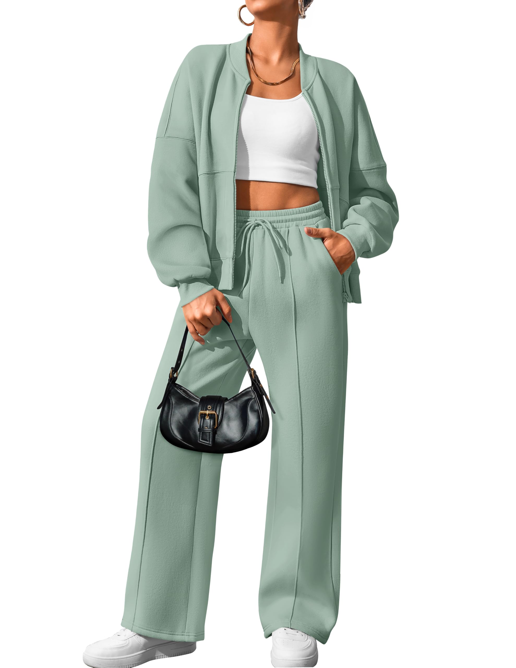 Luxuii Zip Up Long Sleeve Sweatshirt Wide Leg Sweatpants Outfits