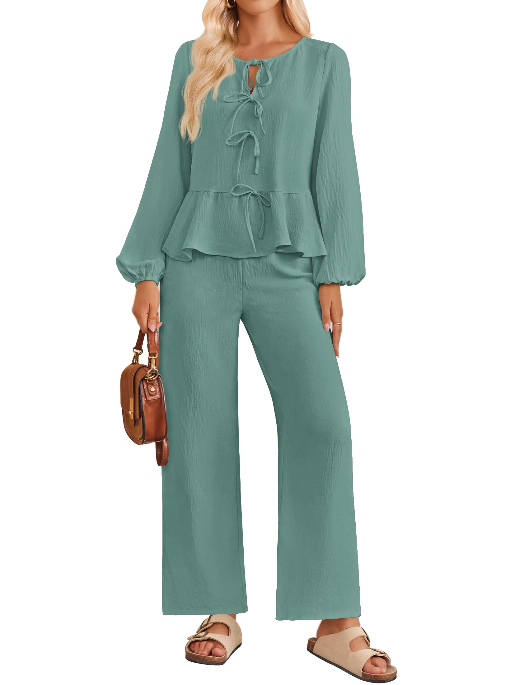 Luxuii  Long Sleeve Tie Front Top and Wide Leg Pants Pajama Sets
