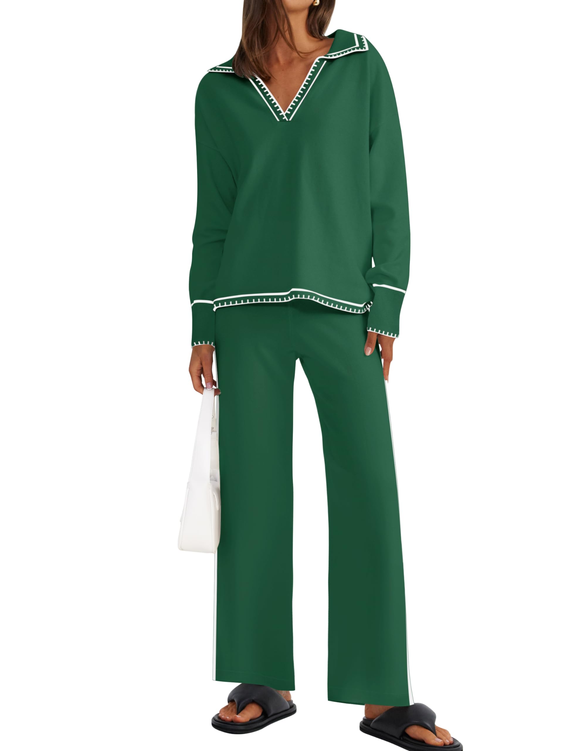 Luxuii V Neck Knit Tops Wide Leg Pants Sweatsuit Lounge Sets