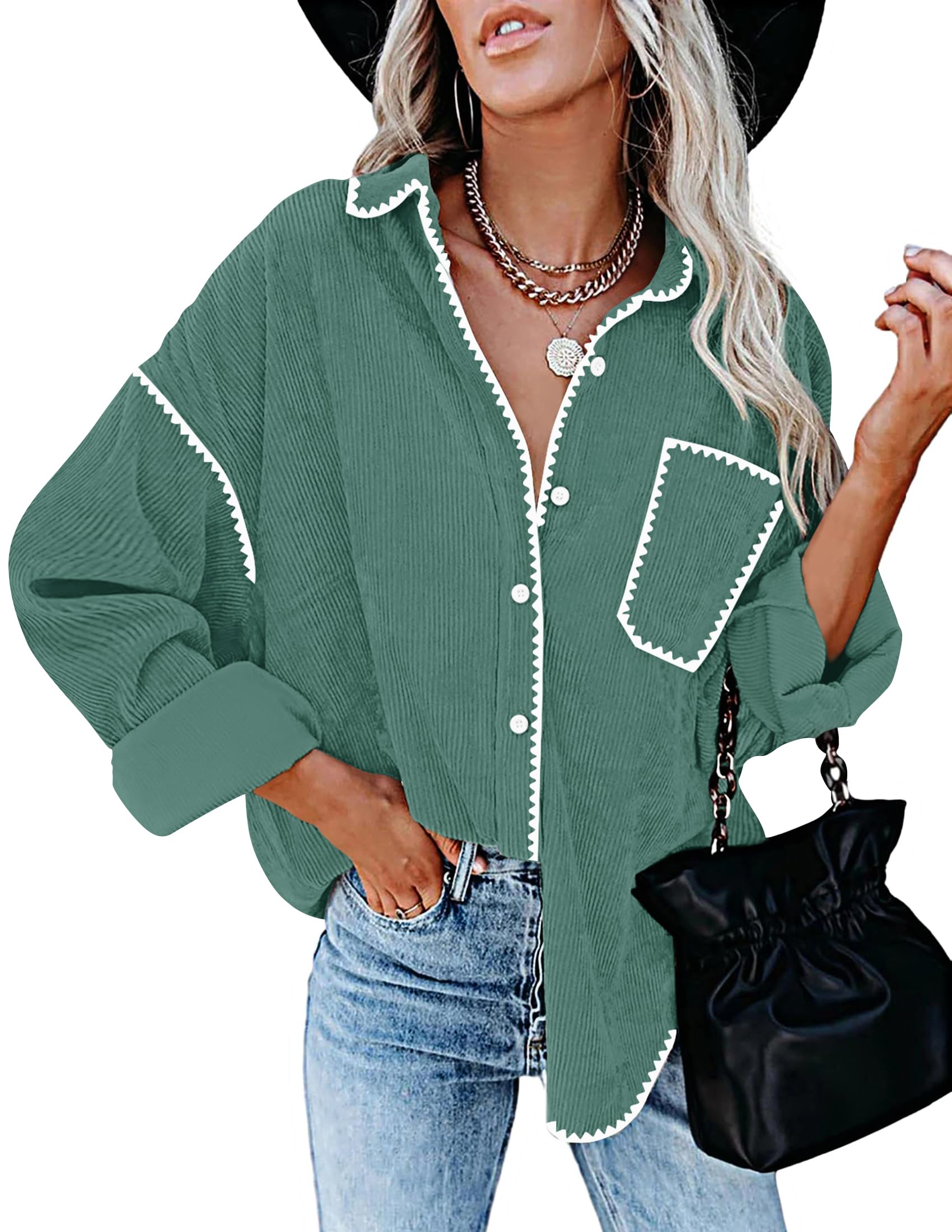 Luxuii Corduroy Shacket Jacket Button Down Blouses Tops