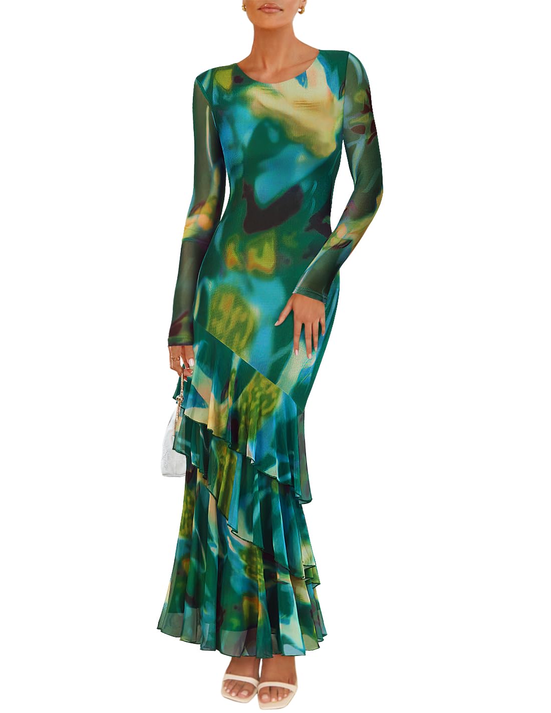 Luxuii Floral Bodycon Boho Long Sleeve Mesh Ruffle Mermaid Dress