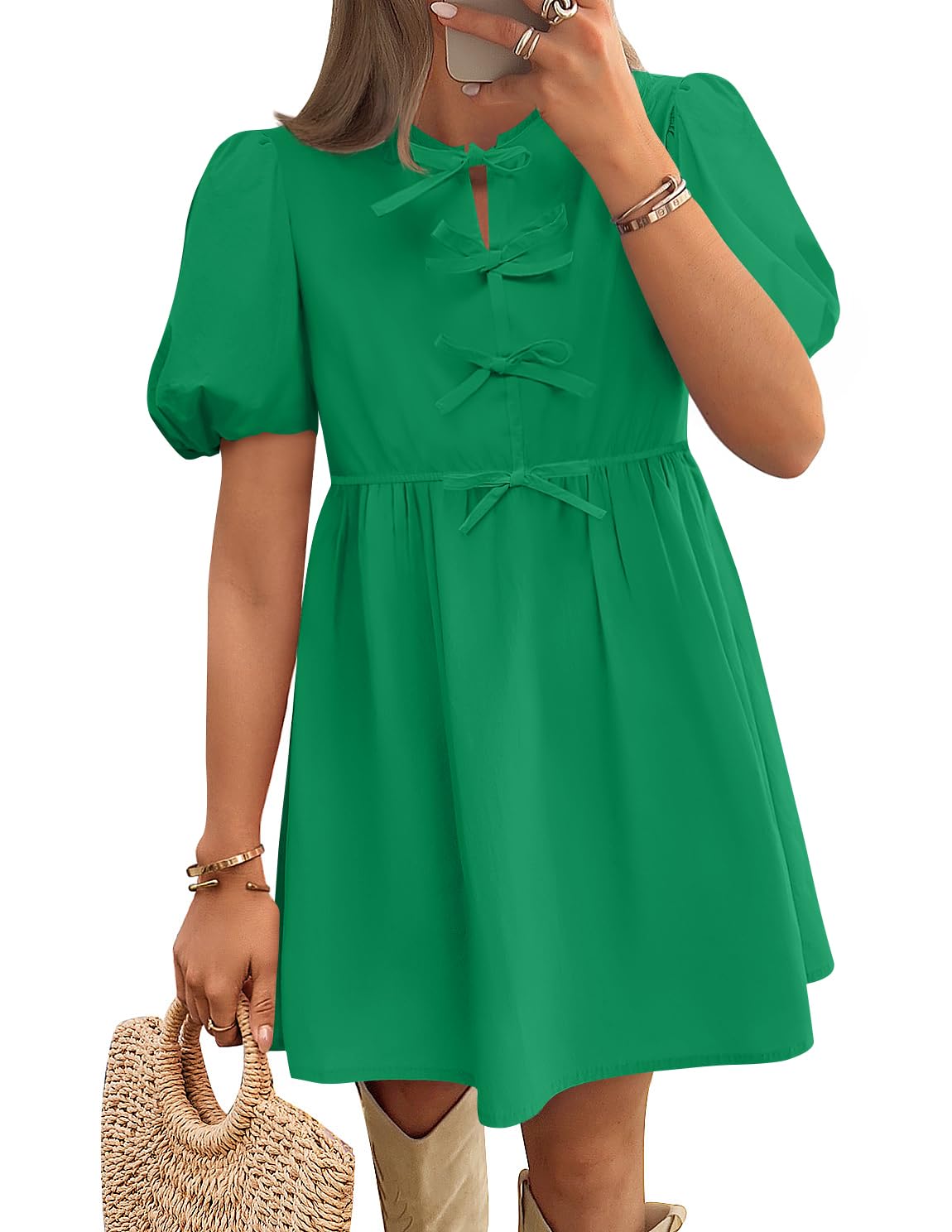 Luxuii Tie Front Cute Babydoll Ruffle Pleated Tunic Dresses