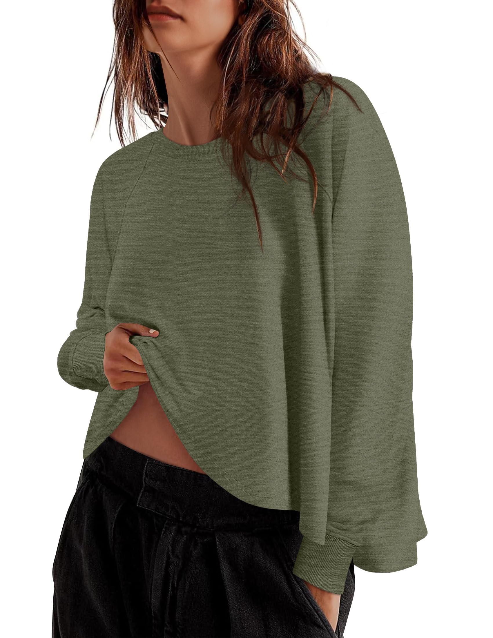 Luxuii Womens Causal Long Sleeve Lightweight Crewneck Side Slit  Shirts