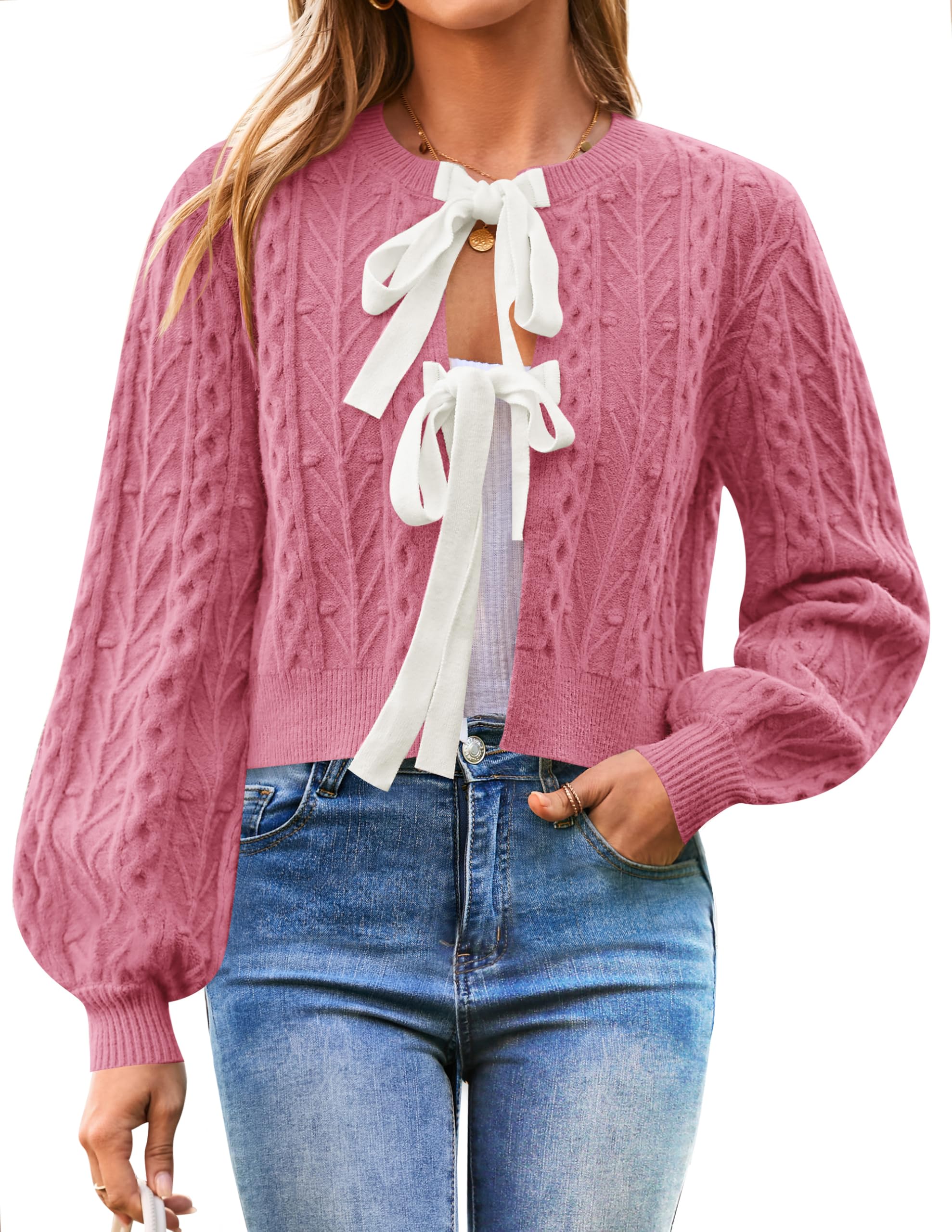 Luxuii Fall Long Sleeve Tie Front Cable Knit Chunky Cropped Outerwear Coat
