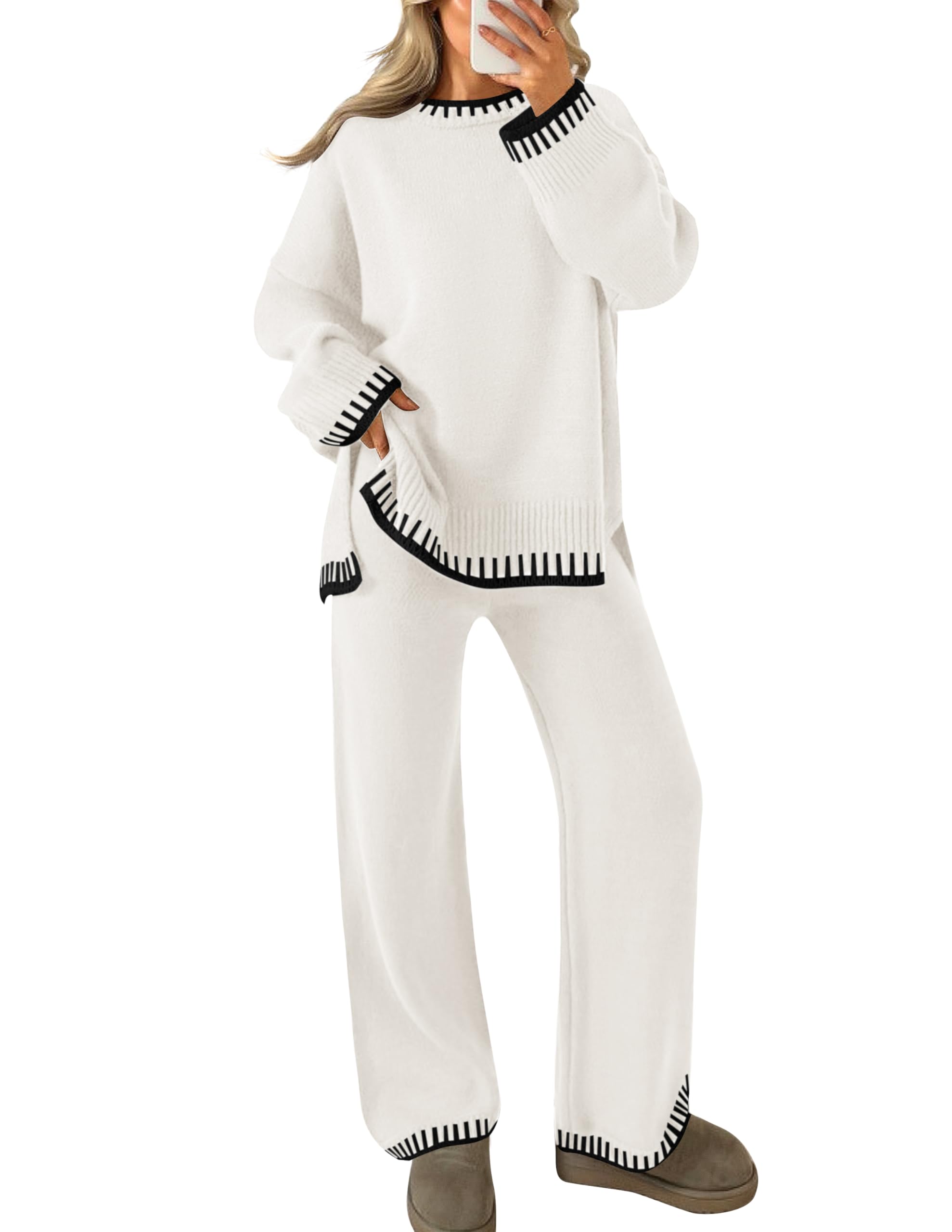 Luxuii Long Sleeve Pullover Tops Wide Leg Pants Lounge Set