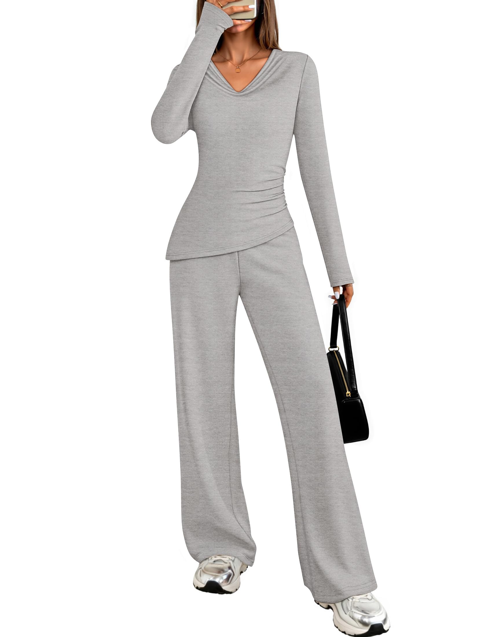 Luxuii Long Sleeve Cowl Neck Asymmetrical Top Wide Leg Pants Matching Set