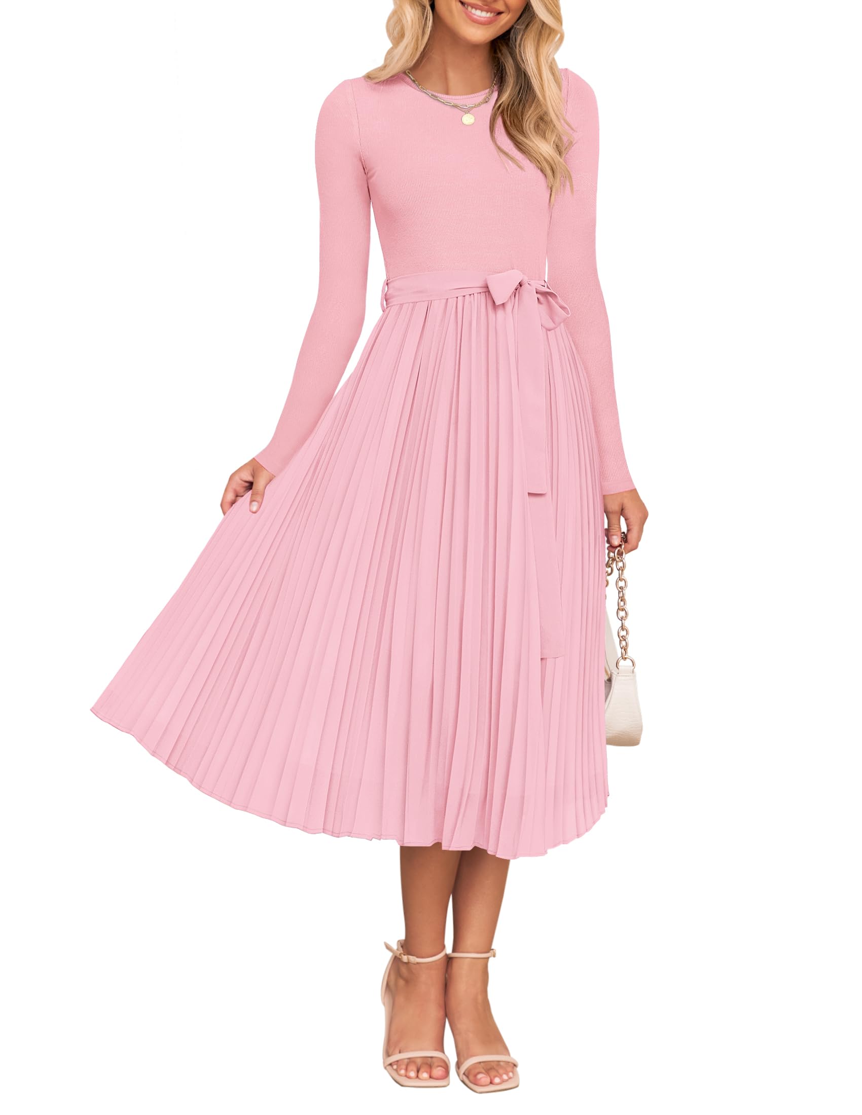Luxuii Casual Crewneck Knit Belted Pleated A Line Flowy Sweater Dresses