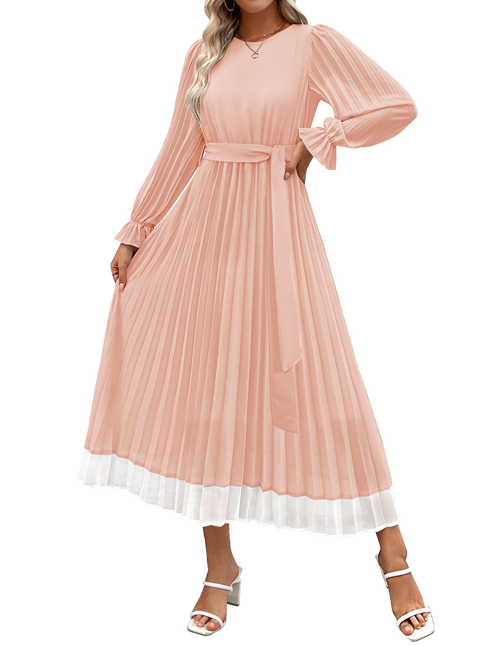 Luxuii Chiffon Crew Neck Pleated A Line Flowy Midi Dresses