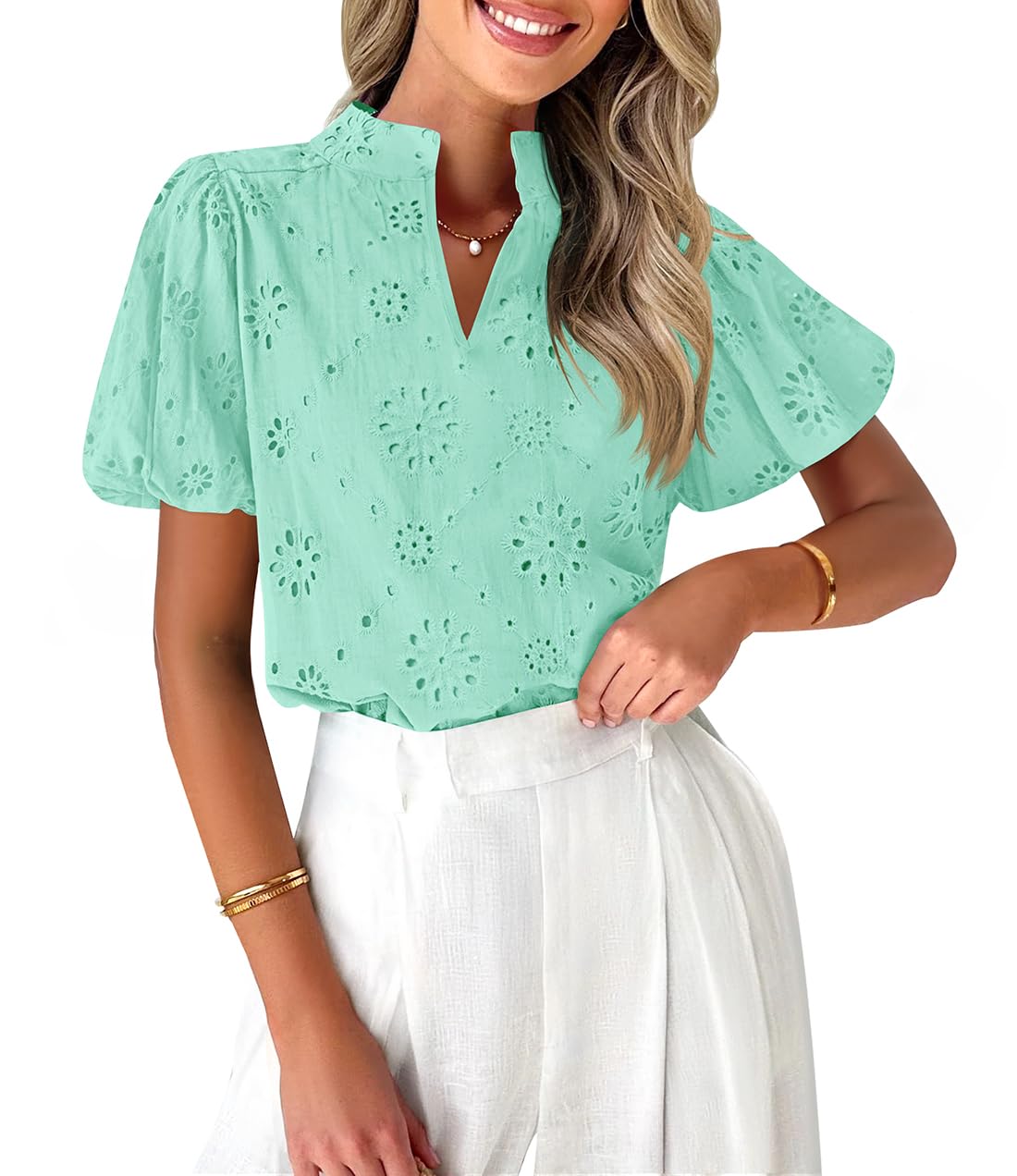 Luxuii V Neck Casual Hollow Out Lace Embroidered Blouse Tops