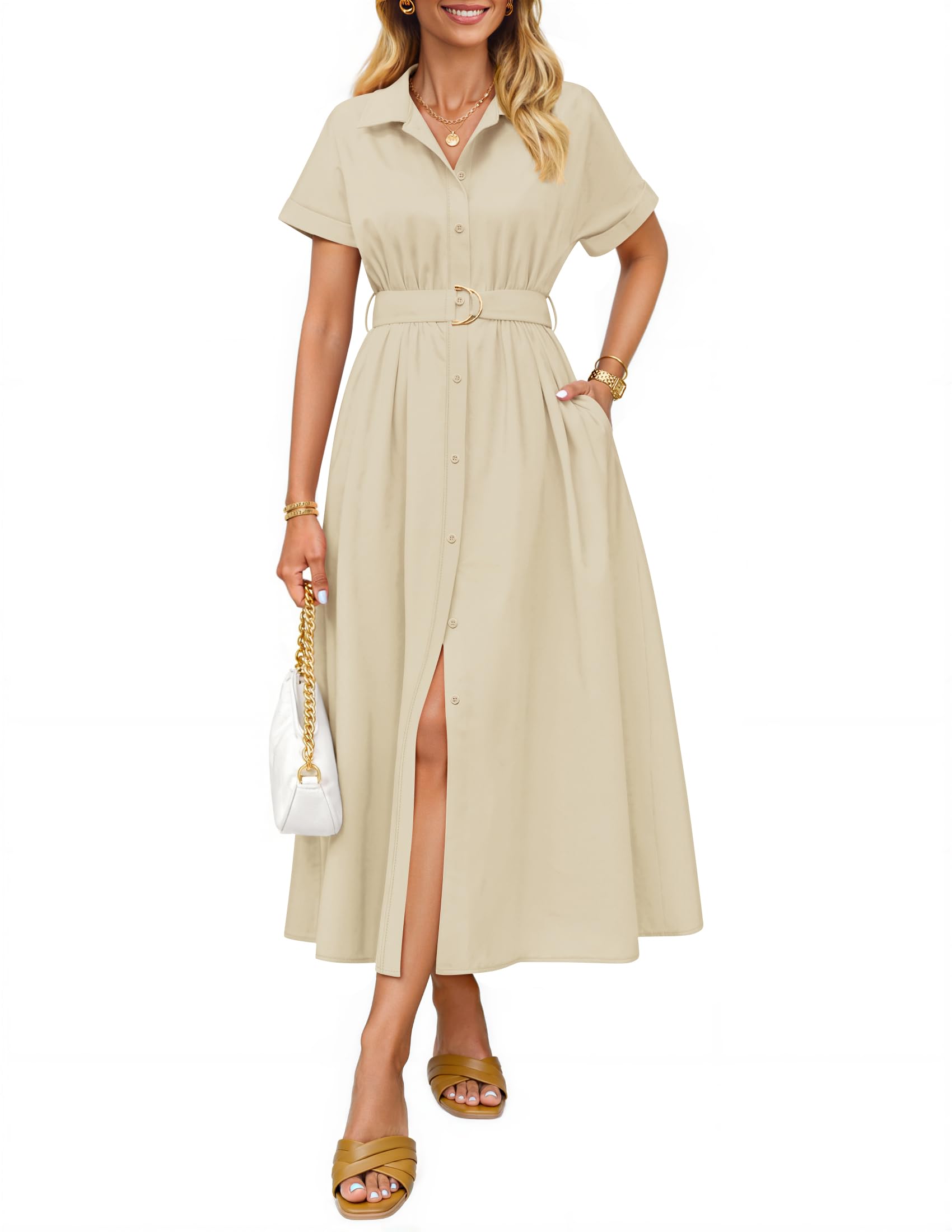 Luxuii Button Down A Line Belt Buiness Casual Shirt Dresses