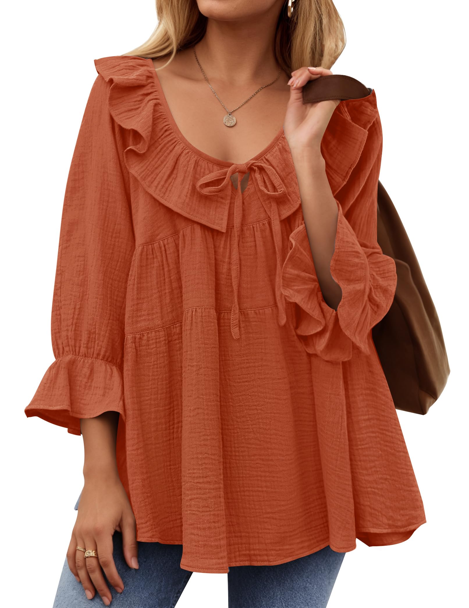 Luxuii Casual Tie Front Ruffle Tiered Loose Tunic Shirts
