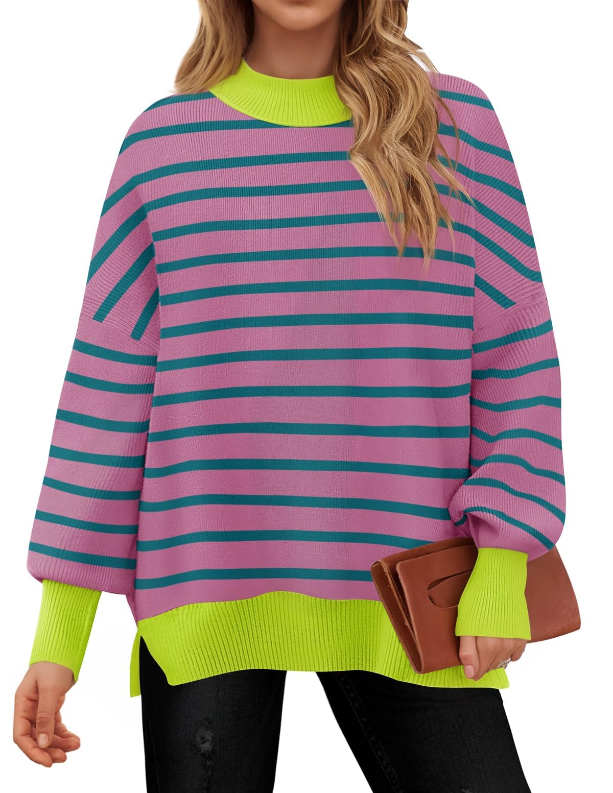 Luxuii  Striped Sweaters Mock Neck Comfy Knit Pullover Tops